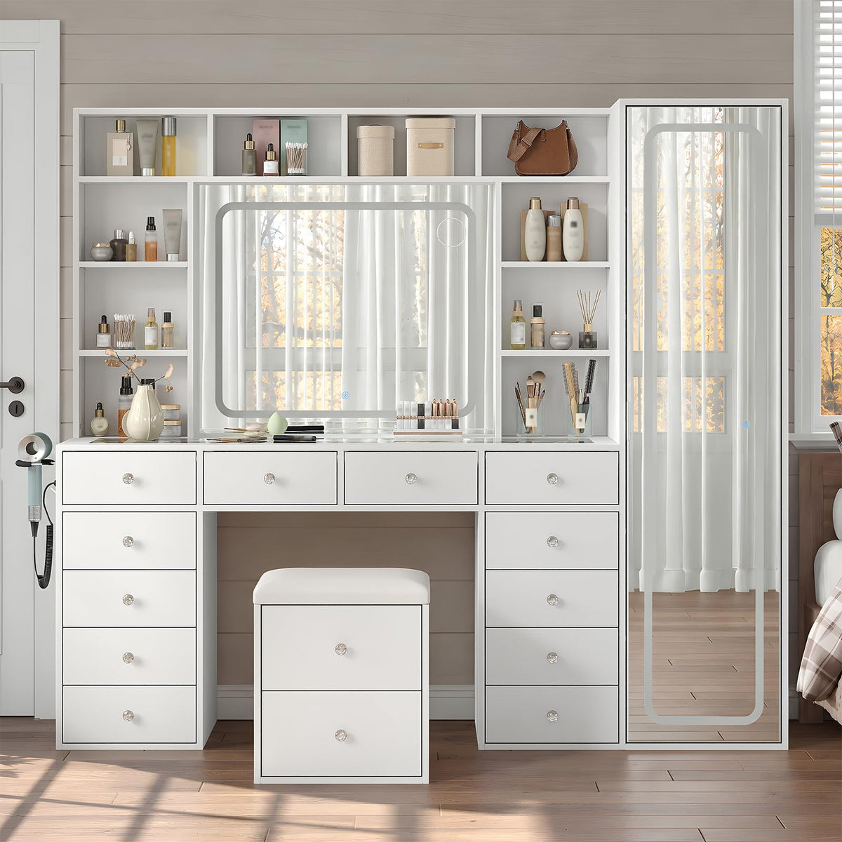 71'' Vanity Desk with LED Lights & Body Mirror, Hidden Cabinet, White