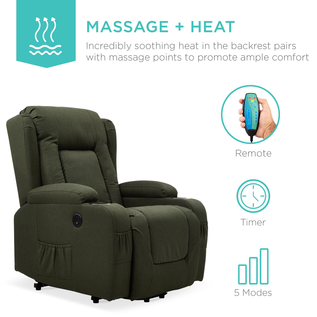 Best Choice Products Modern Linen Electric Power Lift Chair, Recliner Massage Chair, Adjustable Furniture for Back, Legs w/ 3 Positions, USB Port, Heat, Cupholders, Easy-to-Reach Button - Olive