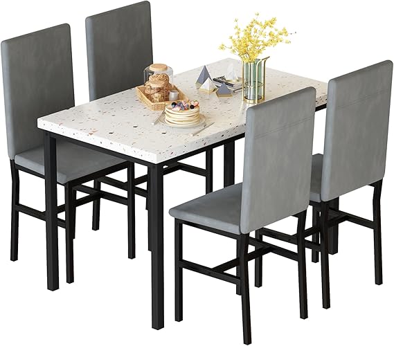 5-Piece Faux Marble Dining Table Set with PU Leather Chairs