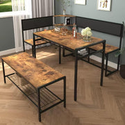 KEIKI 3-Piece Corner Dining Table Set for 4-6, Industrial Kitchen Table and Chair Sets with Storage & Bench, Farmhouse Rectangle Tables & L-shaped Seat for Living Room Breakfast Nook Restaurant, Brown