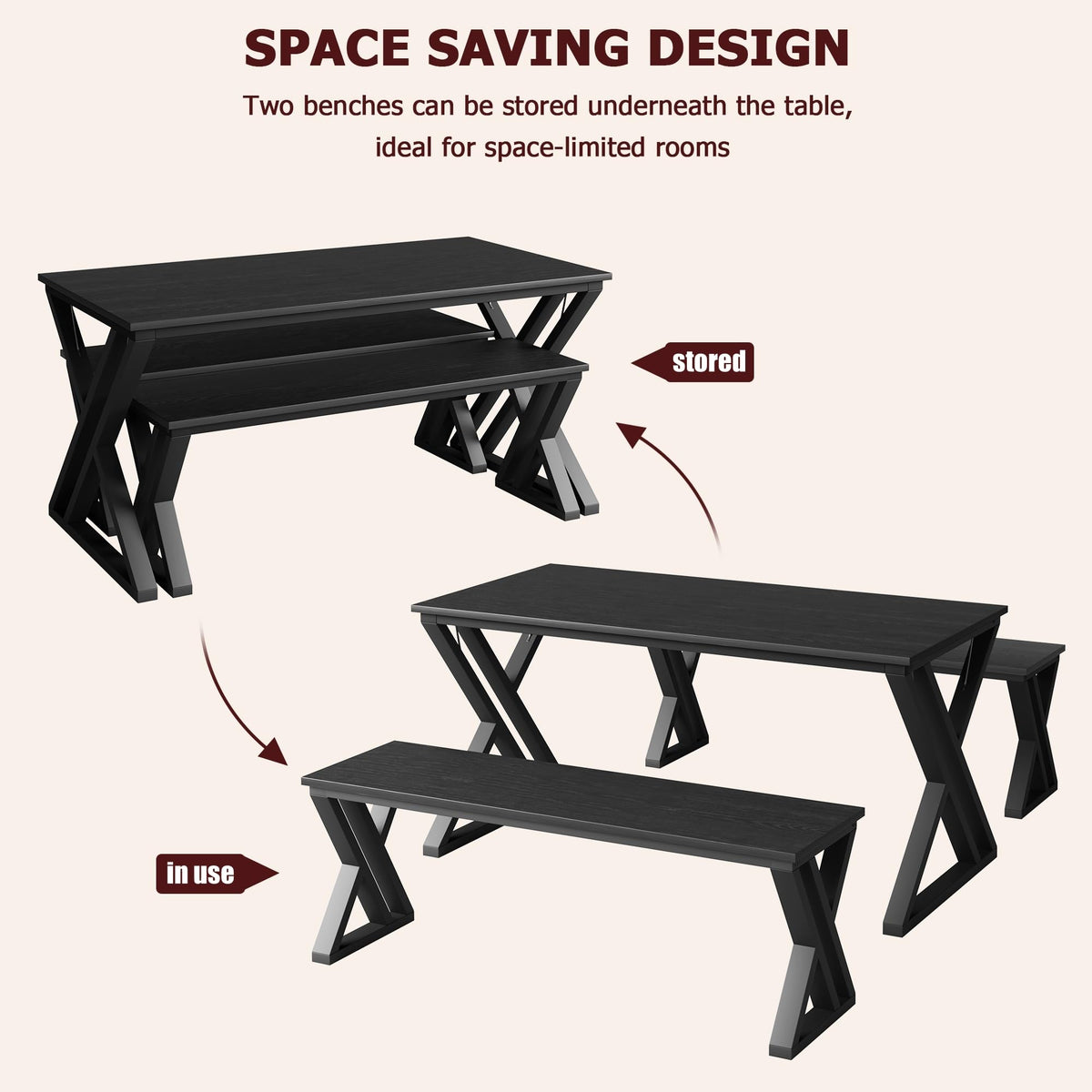 Homhougo Kitchen Room Table Set with Benches,44.8" Dining Table Set for 4,Sturdy Metal Kitchen Table Set with X Metal Frame Space Saving, Ideal for Kitchen, Apartment, Studio, Black