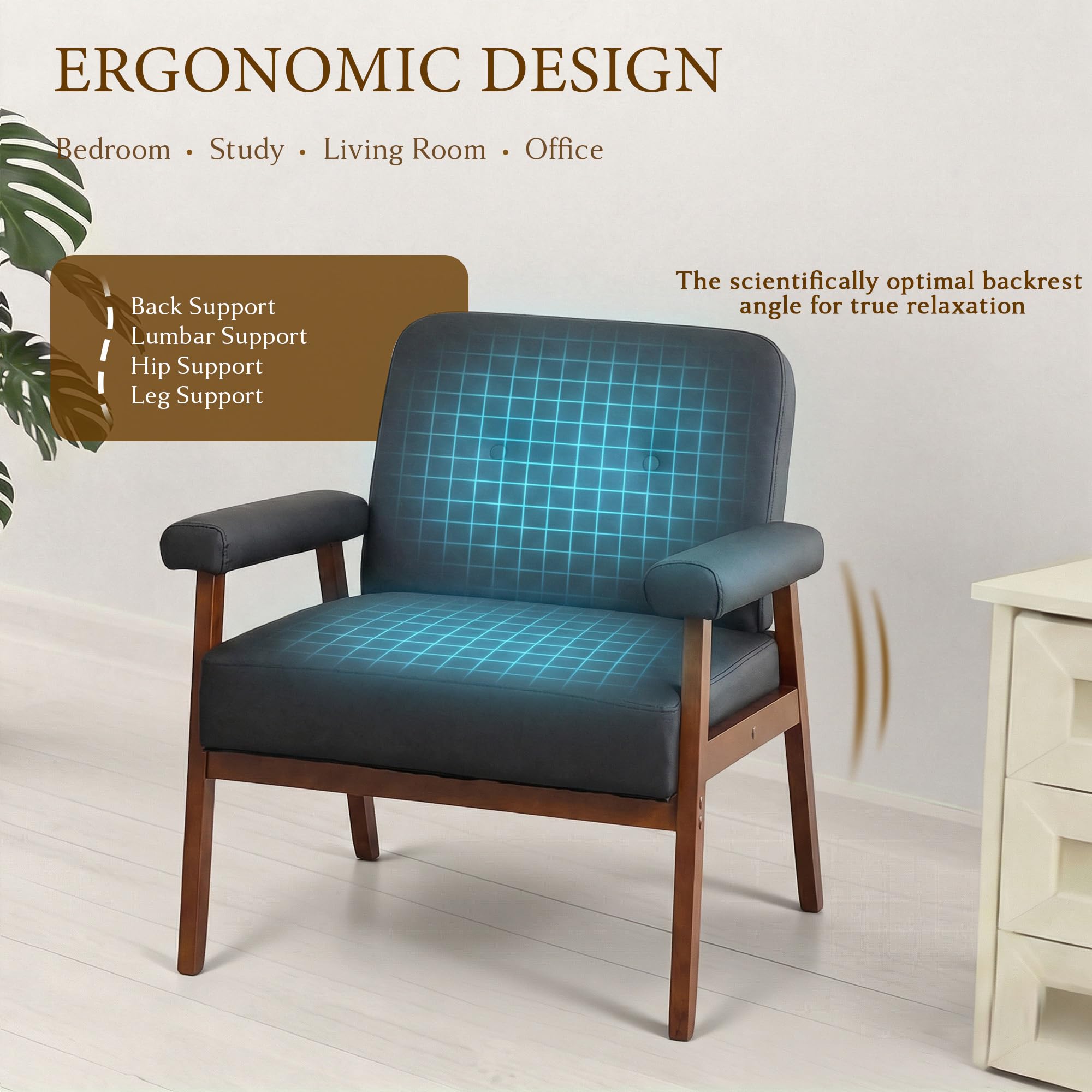 STHOUYN Accent Chairs Set of 2, Black Leather Chair with Wood Frame, Upholstered Tufted Reading Arm Chair, Mid-Century Modern Comfy Living Room Chair, Side Chairs for Living Room, Waiting Room (2)