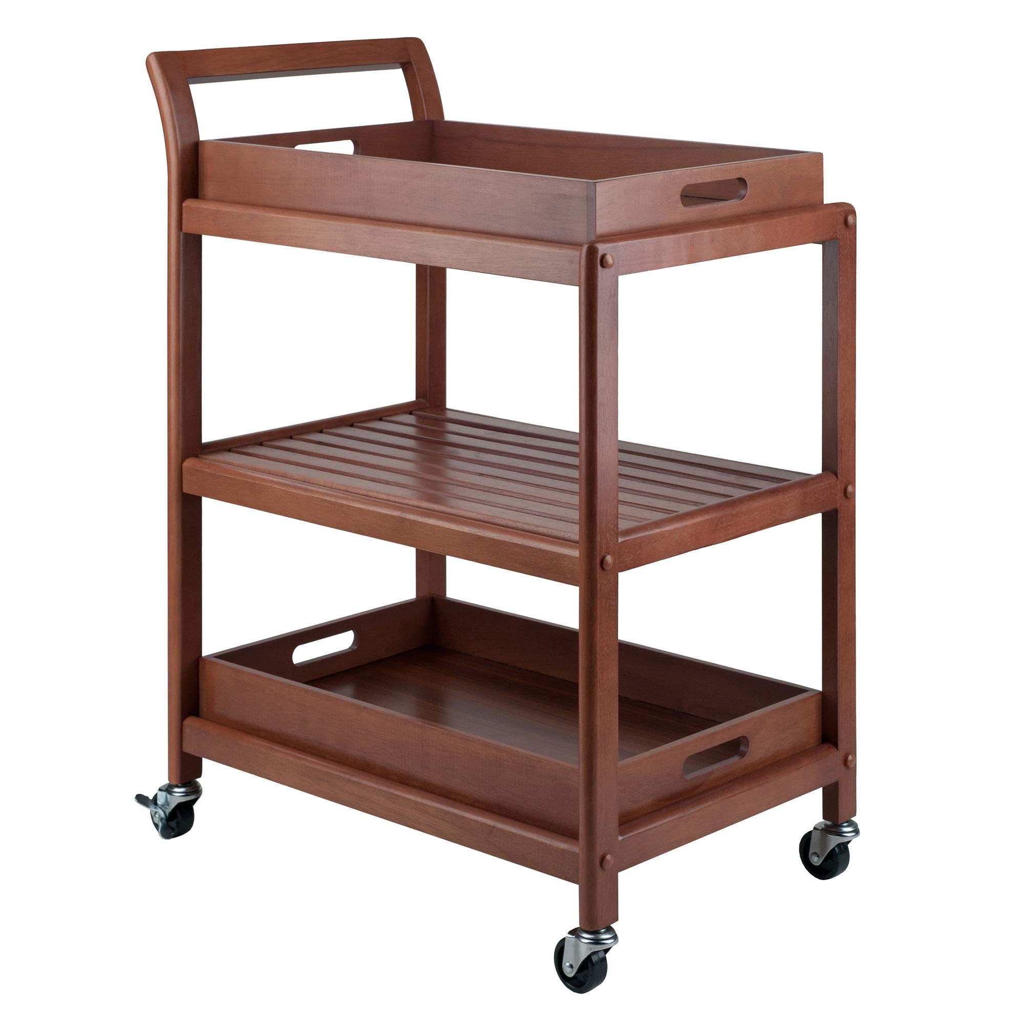 Winsome Albert 3-Tier Serving Cart, 33" in Walnut, Rolling Utility Bar Cart with Wheels for Snacks, Drinks, Kitchen Essentials, Storage & Organization for the Home or Apartment