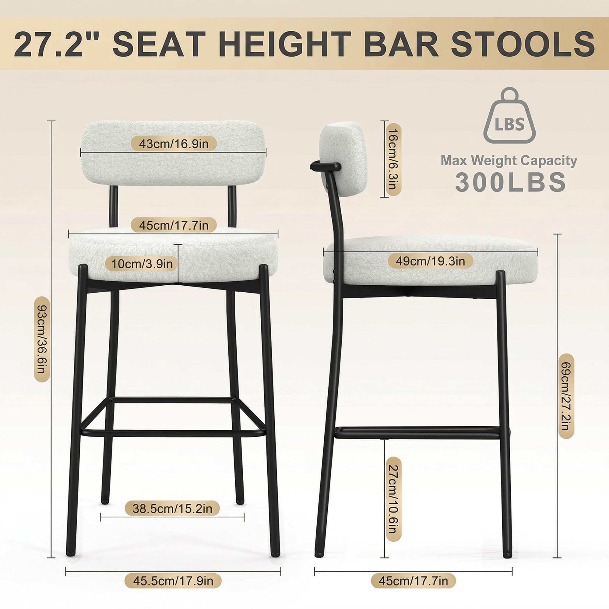 Boucle Counter Height Bar Stools with Back, Set of 2