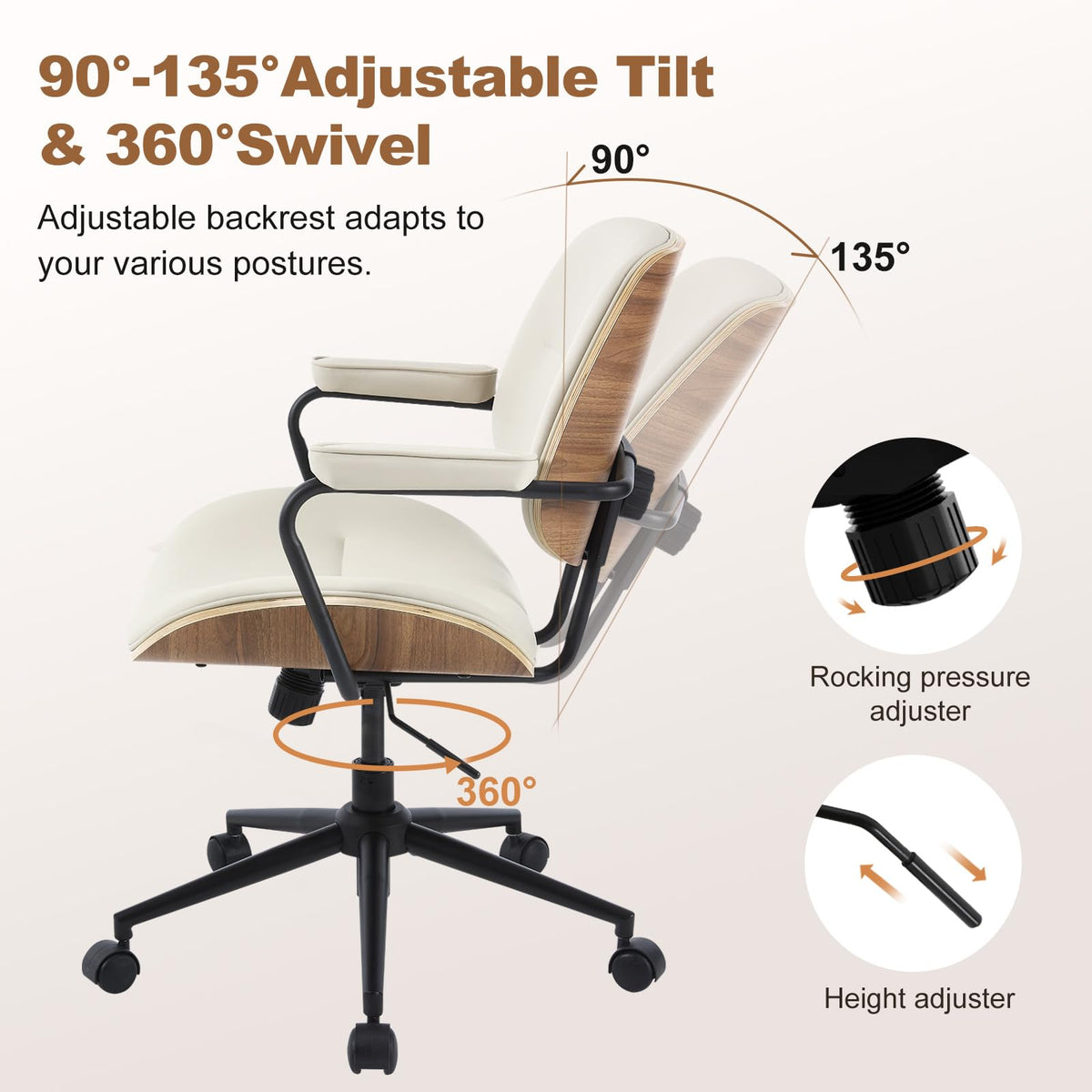 Mid Century Modern Office Chair with Armrest and Adjustable Backrest, Beige