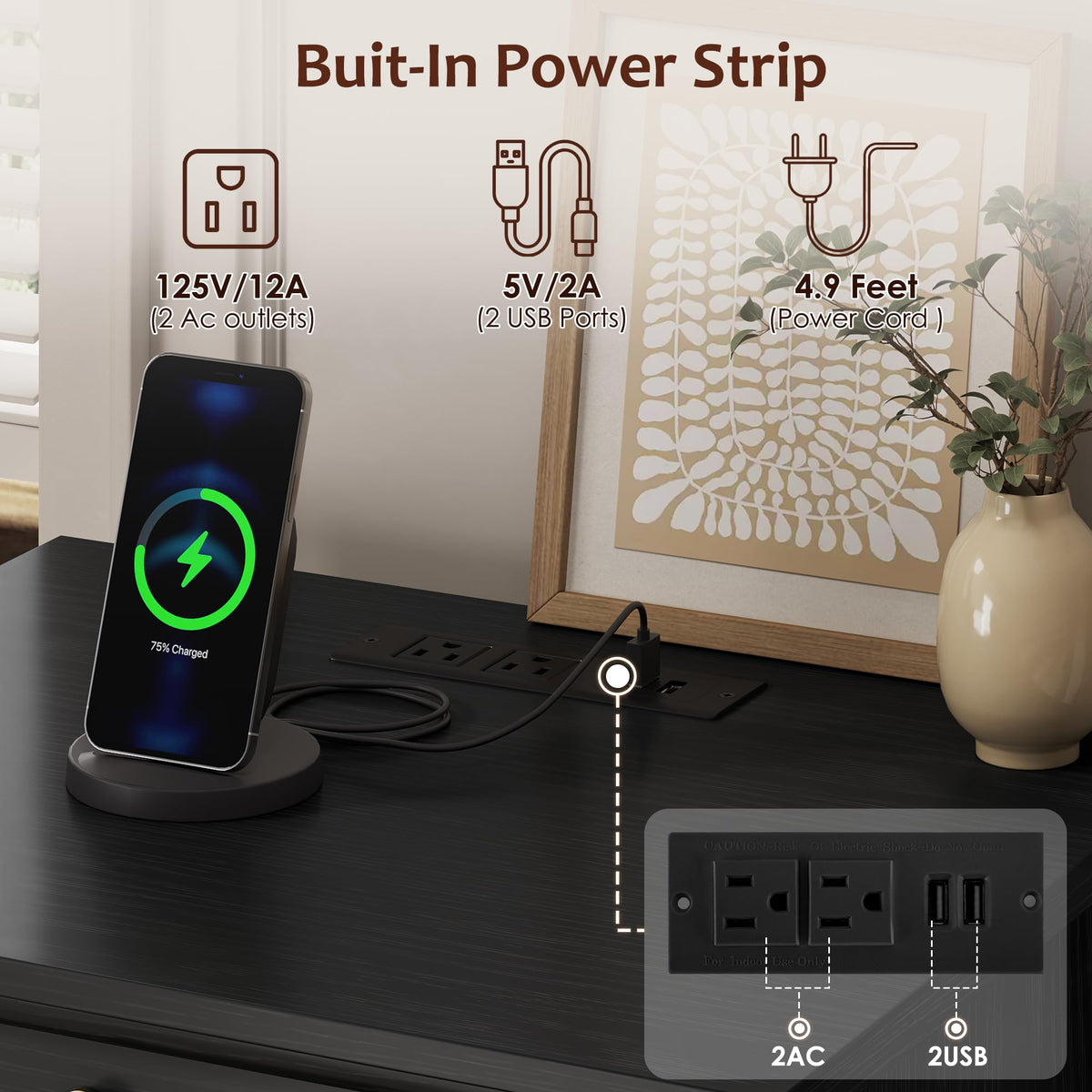 Black LED Nightstand Set of 2 with Charging Station
