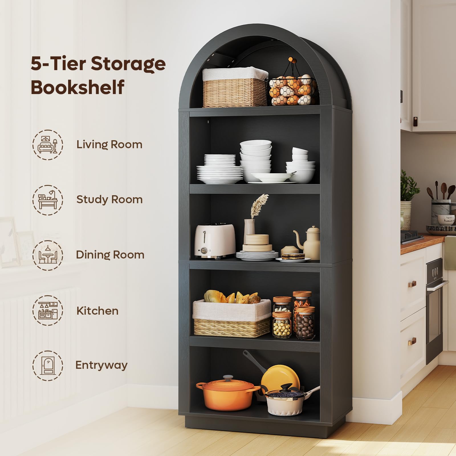 Bestier 76" Tall Arched Bookshelf, 5 Tier Arched Bookcase with Adjustable Book Shelves, Large Arch Wood Bookshelf, Modern Farmhouse Open Display Tall Bookcase for Bedroom, Home Office, Bedroom, Black