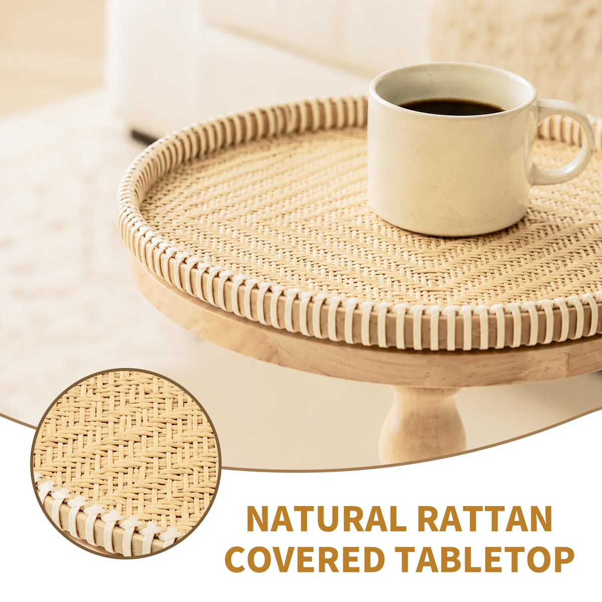 2 Pack Rattan Round Side Table, Rubberwood‌ Drink Table for Small Spaces