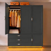 AXCIGOC 72" Wooden Armoire Wardrobe Closet with 3 Door Black Bedroom Armoire with LED Light 3 Drawers Large Modern Wardrobe Cabinet with Retro Ceramic Door Handles and Removable Hanging Rod