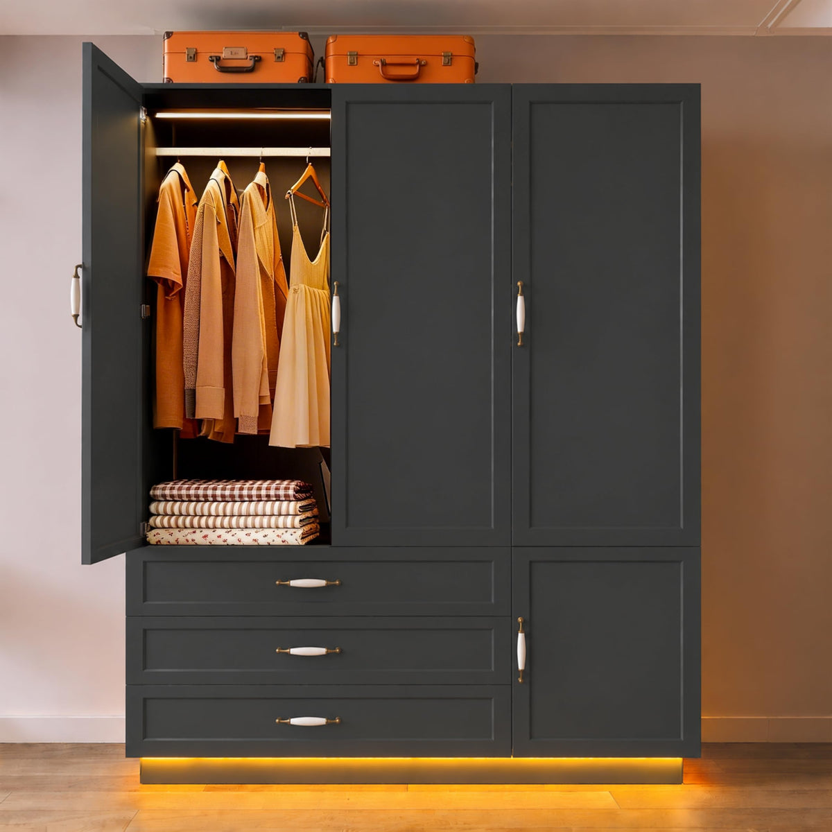 AXCIGOC 72" Wooden Armoire Wardrobe Closet with 3 Door Black Bedroom Armoire with LED Light 3 Drawers Large Modern Wardrobe Cabinet with Retro Ceramic Door Handles and Removable Hanging Rod