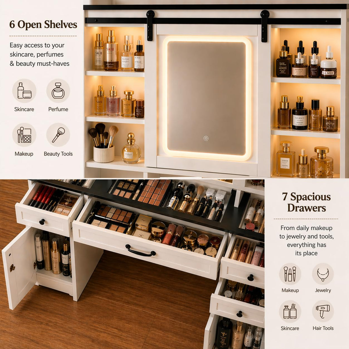 Glass Top Makeup Vanity with LED Mirror