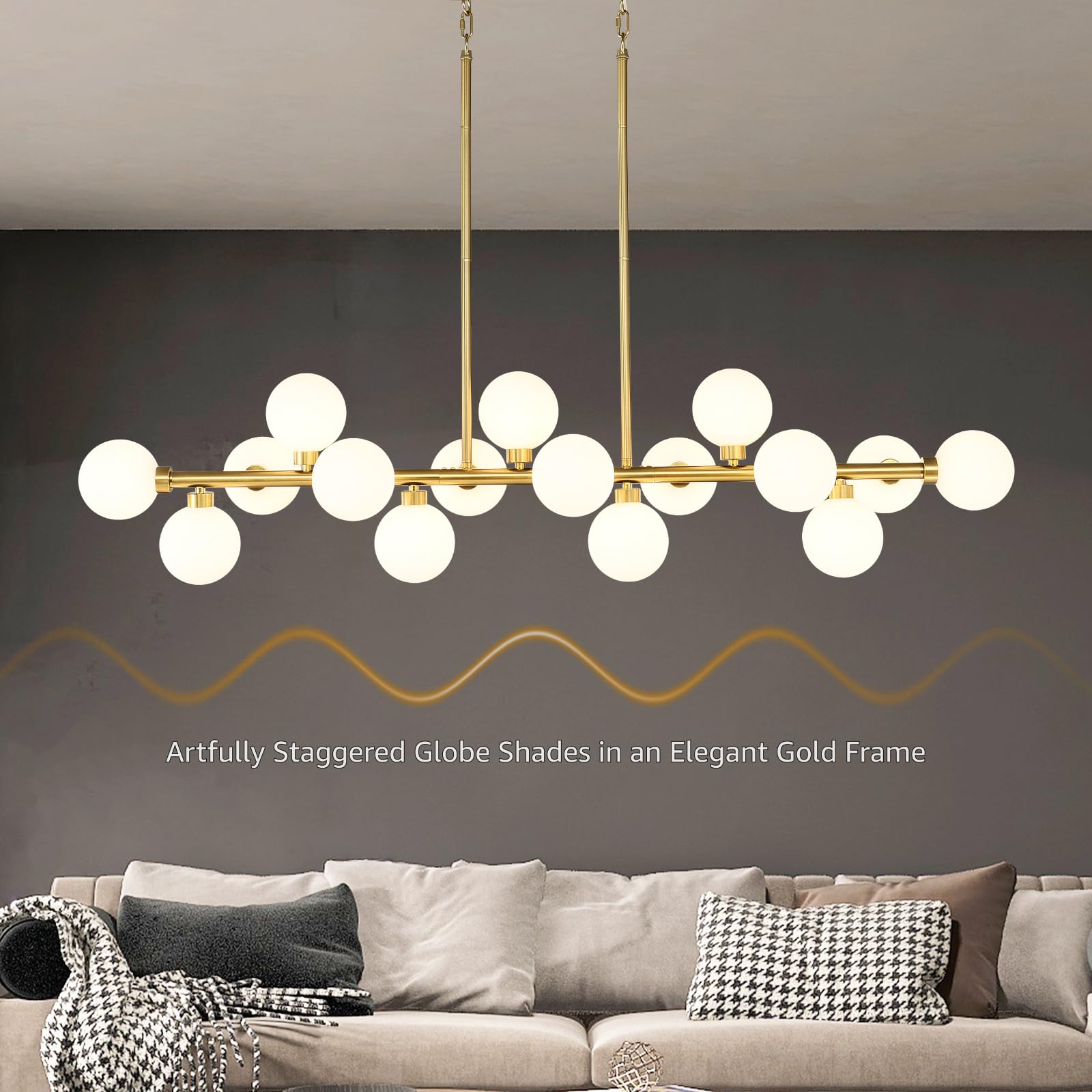 EGM 55" L Gold Linear Chandelier, 16-Light Bubble Chandeliers for Dining Room Foyer, Modern Sputnik Light Fixture with Milk White Glass Lampshades, Extra Large Kitchen Island Chandeliers Over Table