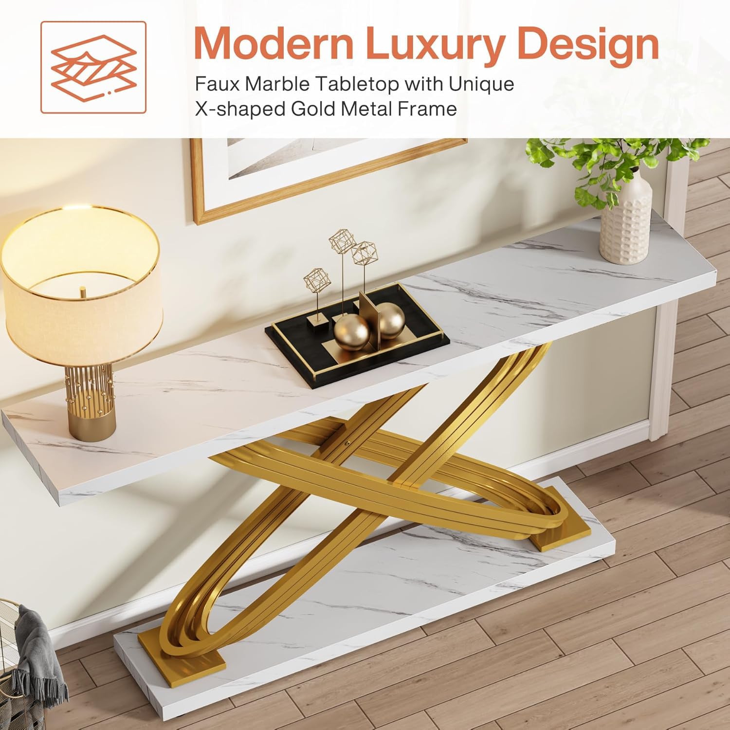 Tribesigns 55 Inch Modern Console Table, Gold Entryway Table Behind Sofa Couch, Narrow Rectangular Sofa Table for Living Room, Bedroom, Front Hall, Hallway, Gold & White