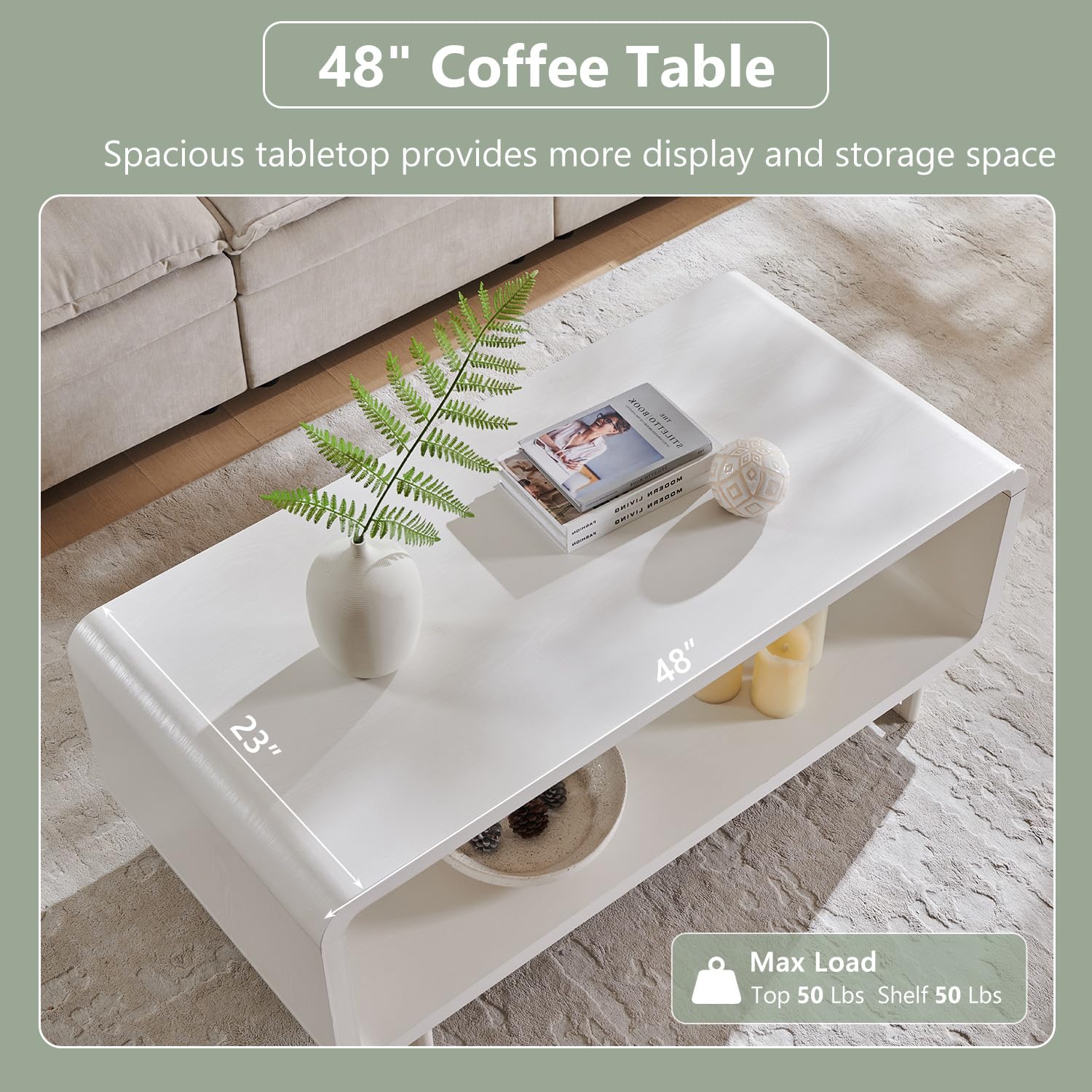 IFGET 48" Modern Coffee Table, 2-Tier Minimalist Center Table with Storage Shelf, Curved Profile Design, Wooden Rectangular Living Room Table w/Wood Thick Design for Living Room, Office, White