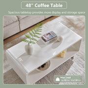 IFGET 48" Modern Coffee Table, 2-Tier Minimalist Center Table with Storage Shelf, Curved Profile Design, Wooden Rectangular Living Room Table w/Wood Thick Design for Living Room, Office, White