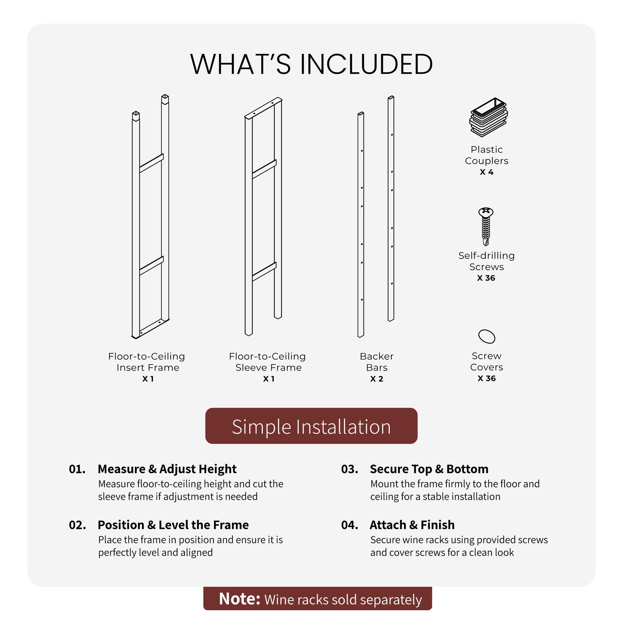 Jagged Ridge Wine Rooms Luxurious Floor-to-Ceiling Wine Rack Frame – 10 ft Height, Cut to Fit Ceilings Up to 10 ft, Modern Metal Design, Storage for Up to 144 Bottles (Racks Sold Separately)