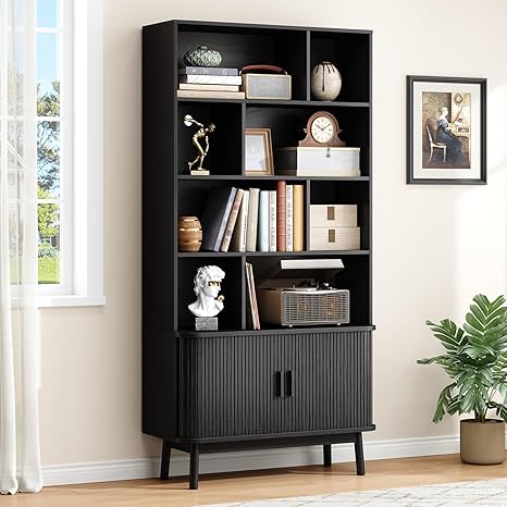 71" Tall 8-Cube Bookshelf with Sliding Door Cabinet