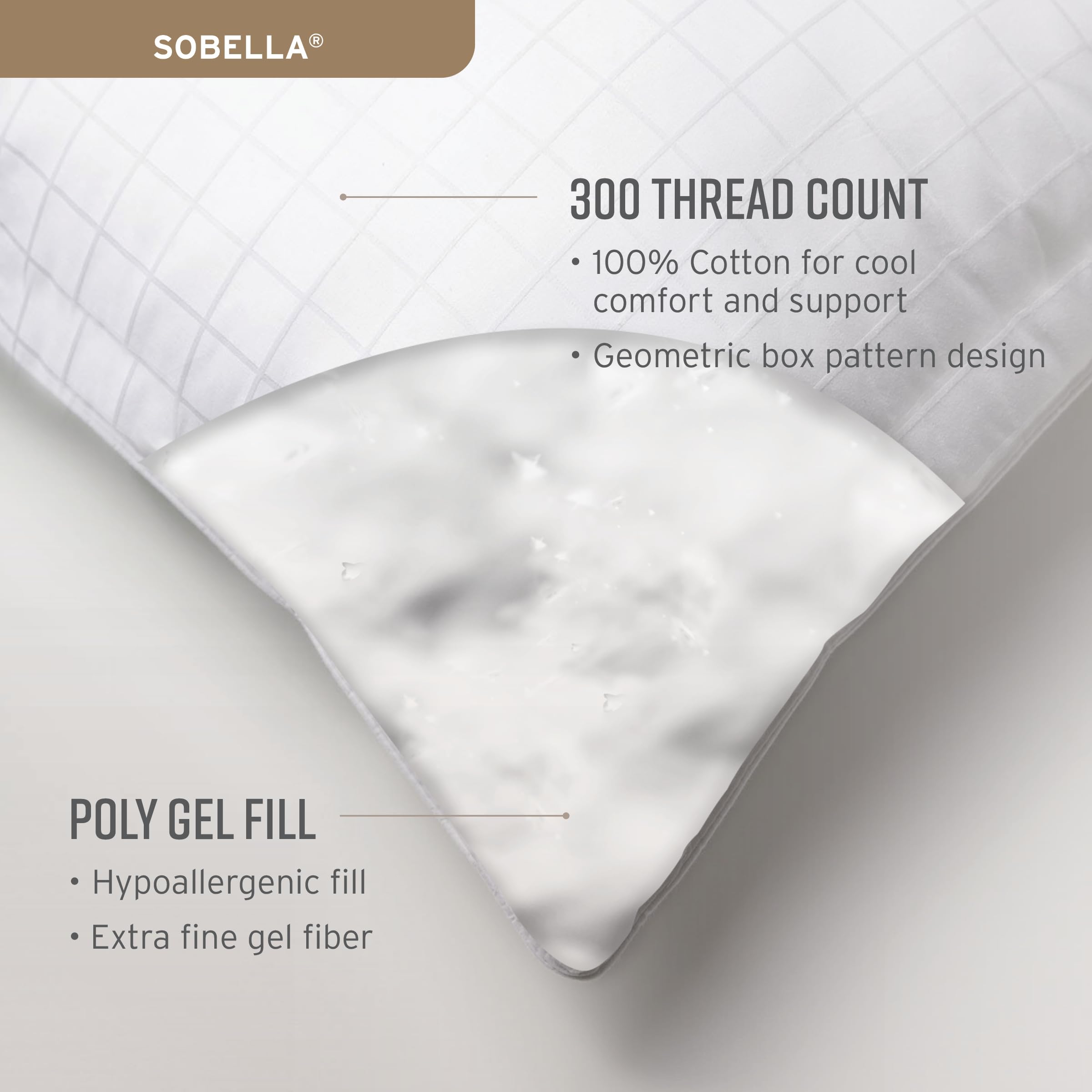 Sobel Westex Sobella Hotel Pillow Queen Size for Side Sleepers - 300TC 100% Cotton Cover with Gel Fiber Fill for Consistent Neck Support, Hotel and Resort Quality, Machine Washable, 20x30