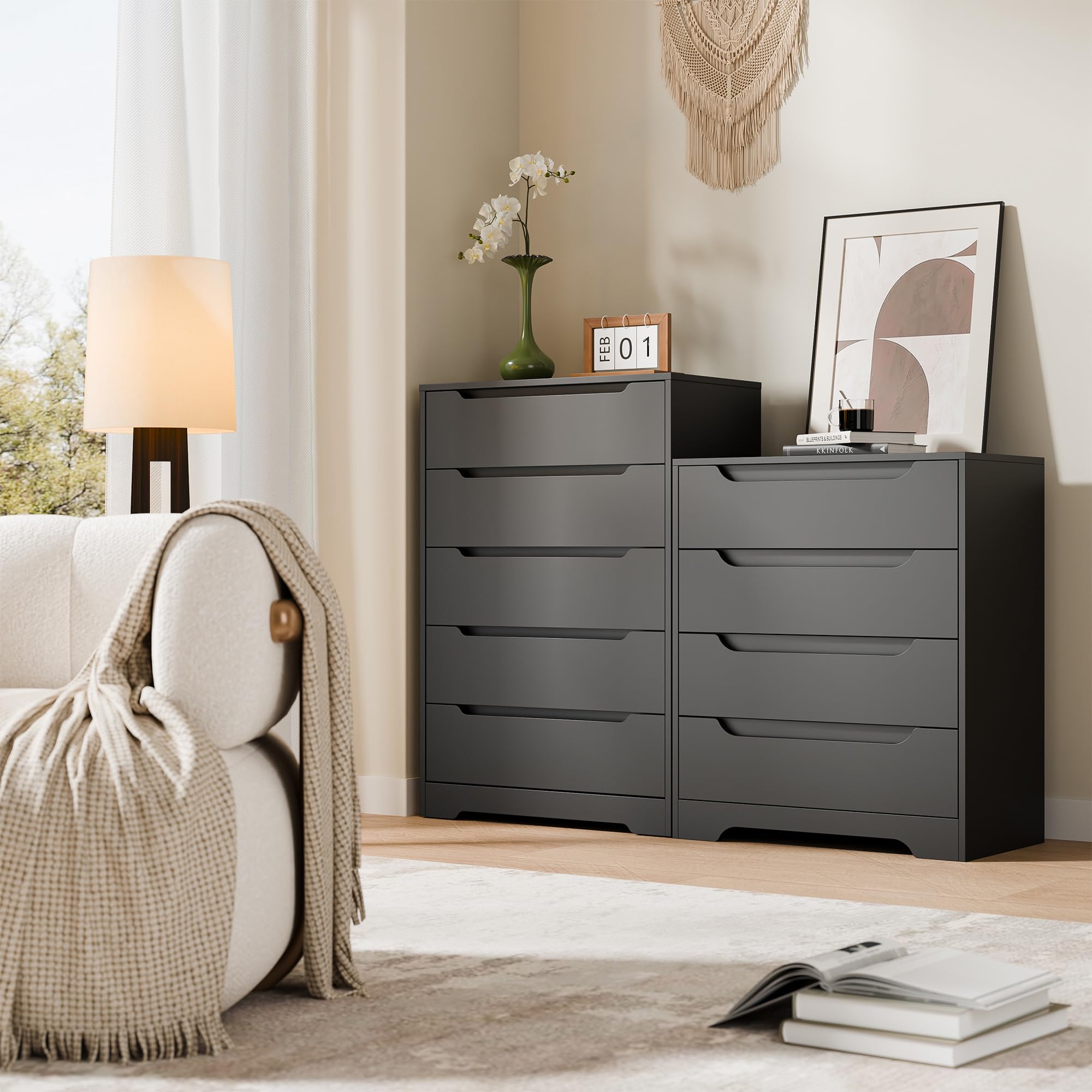 Cozy Castle 5 Drawer Dressers, Modern Chest of Drawers Large Organizer, Wood Accent Storage Cabinet for Living Room, Home Office, Entryway, Black