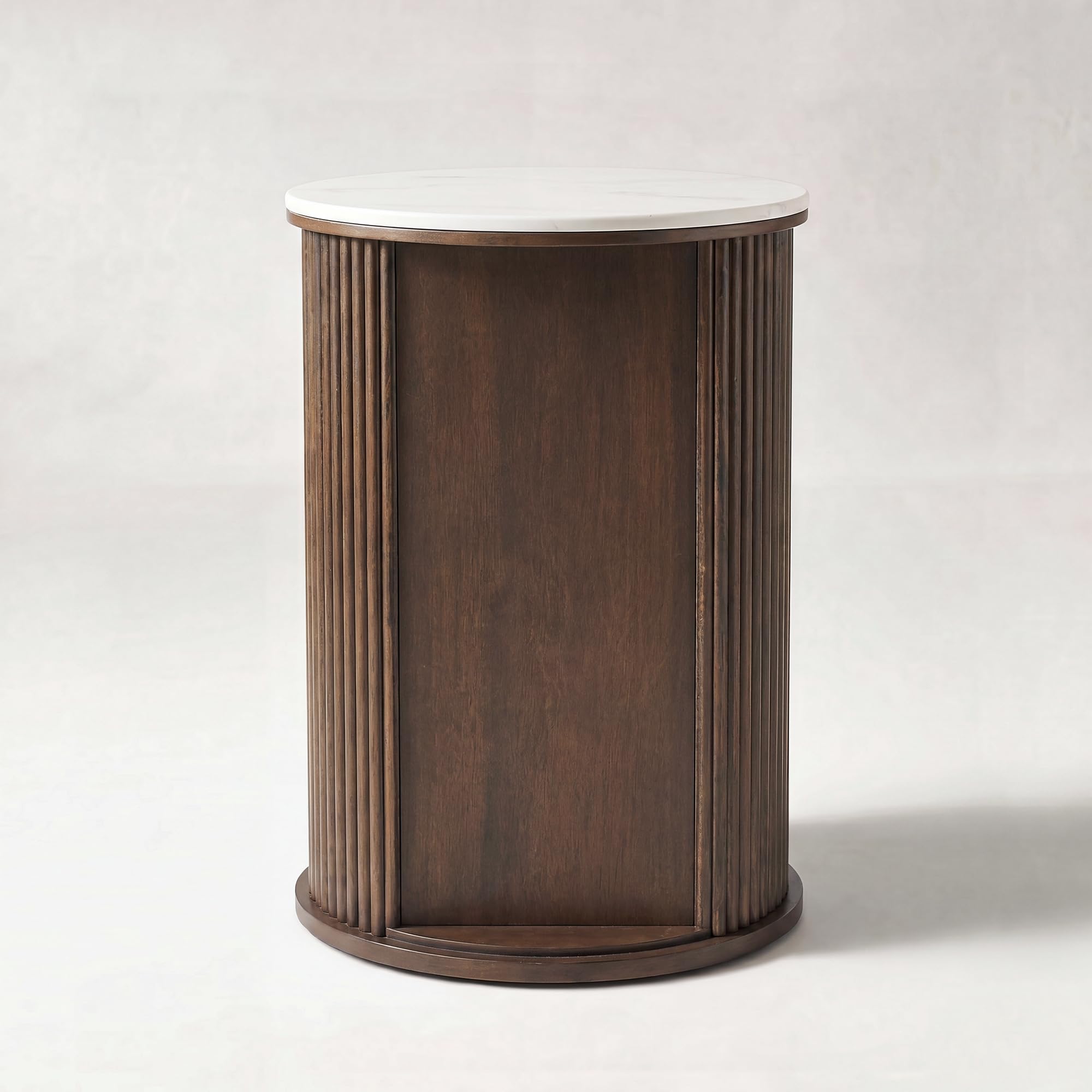Farati Round Fluted End Table with Storage, Dark Walnut Side Table with White Sintered Stone Top, Sliding Tambour Door Nightstand, 17.4 Inch Small Accent Stand for Living Room Bedroom