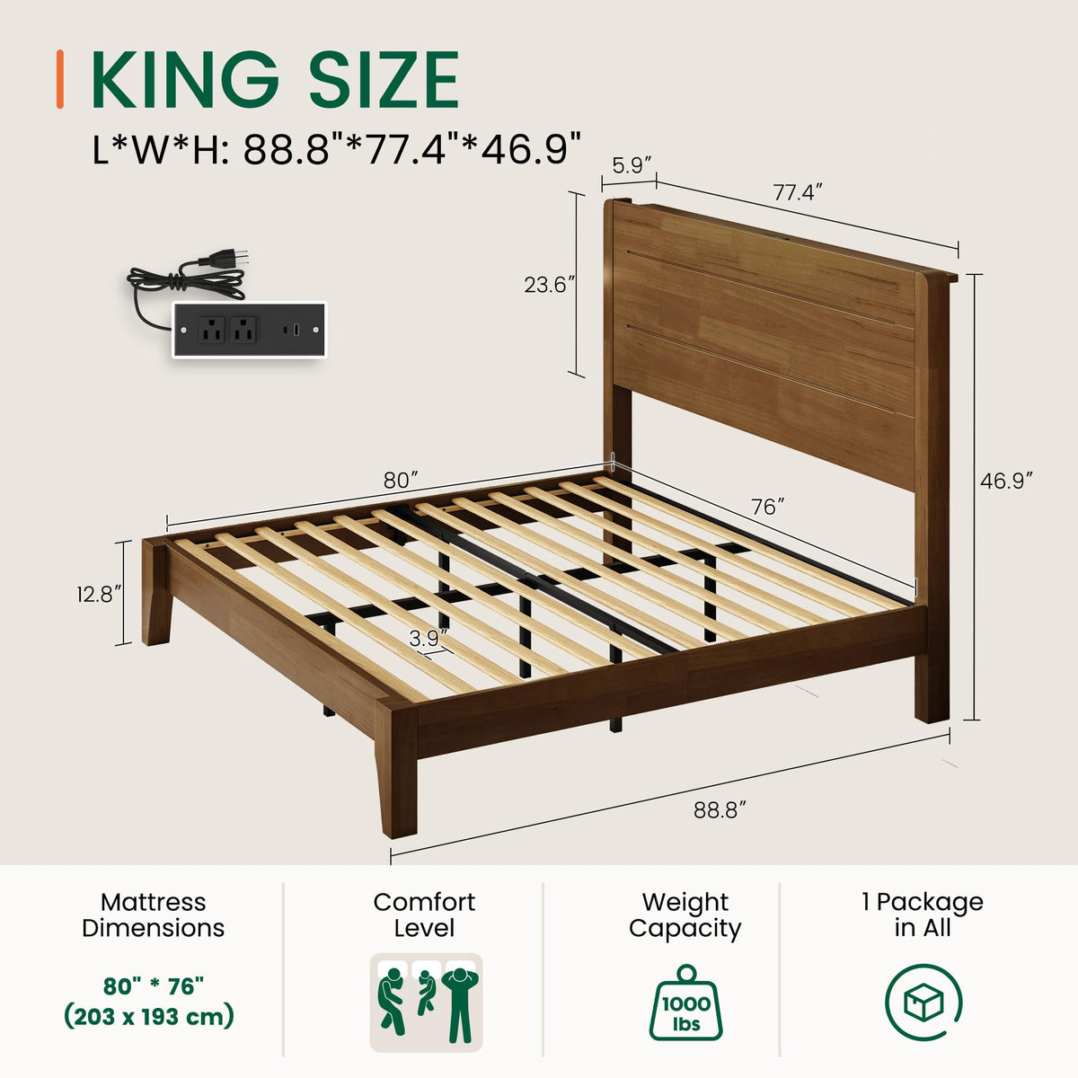 LARMACE King Size Wood Platform Bed Frame with Mid-Century Modern Tall Headboard & Charging Station, Built-in Headboard Shelf, Solid Sustainable Bedframe, No Box Spring Needed, Easy Assembly, Walnut