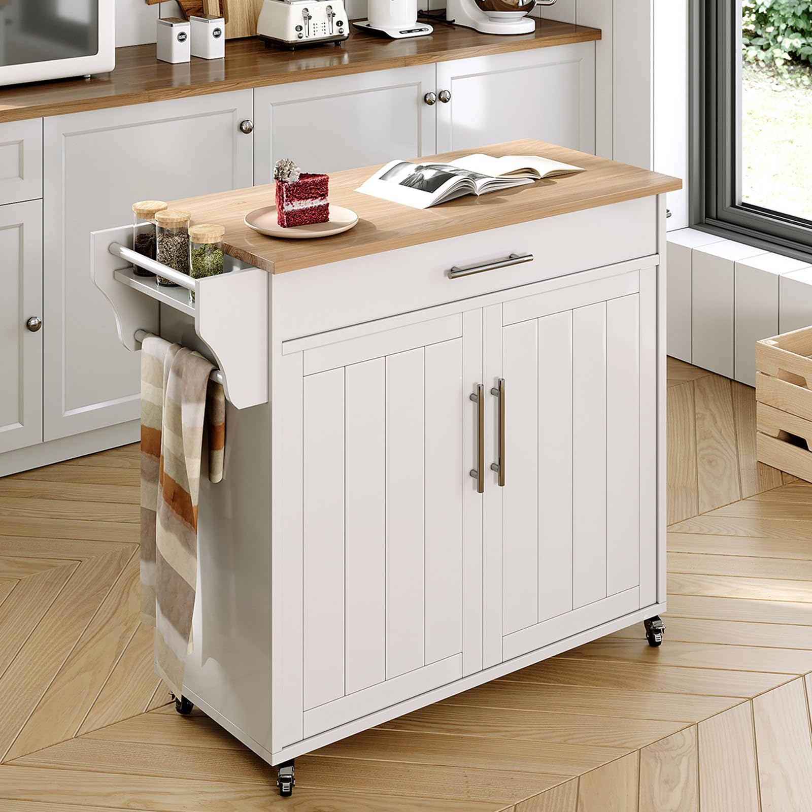 Soscana Kitchen Island with Storage, Wooden Rolling Kitchen Island On Wheels with Wood Top, Mobile Kitchen Bar Cart Cabinet with Towel Rack, Spice Rack and Drawers, White