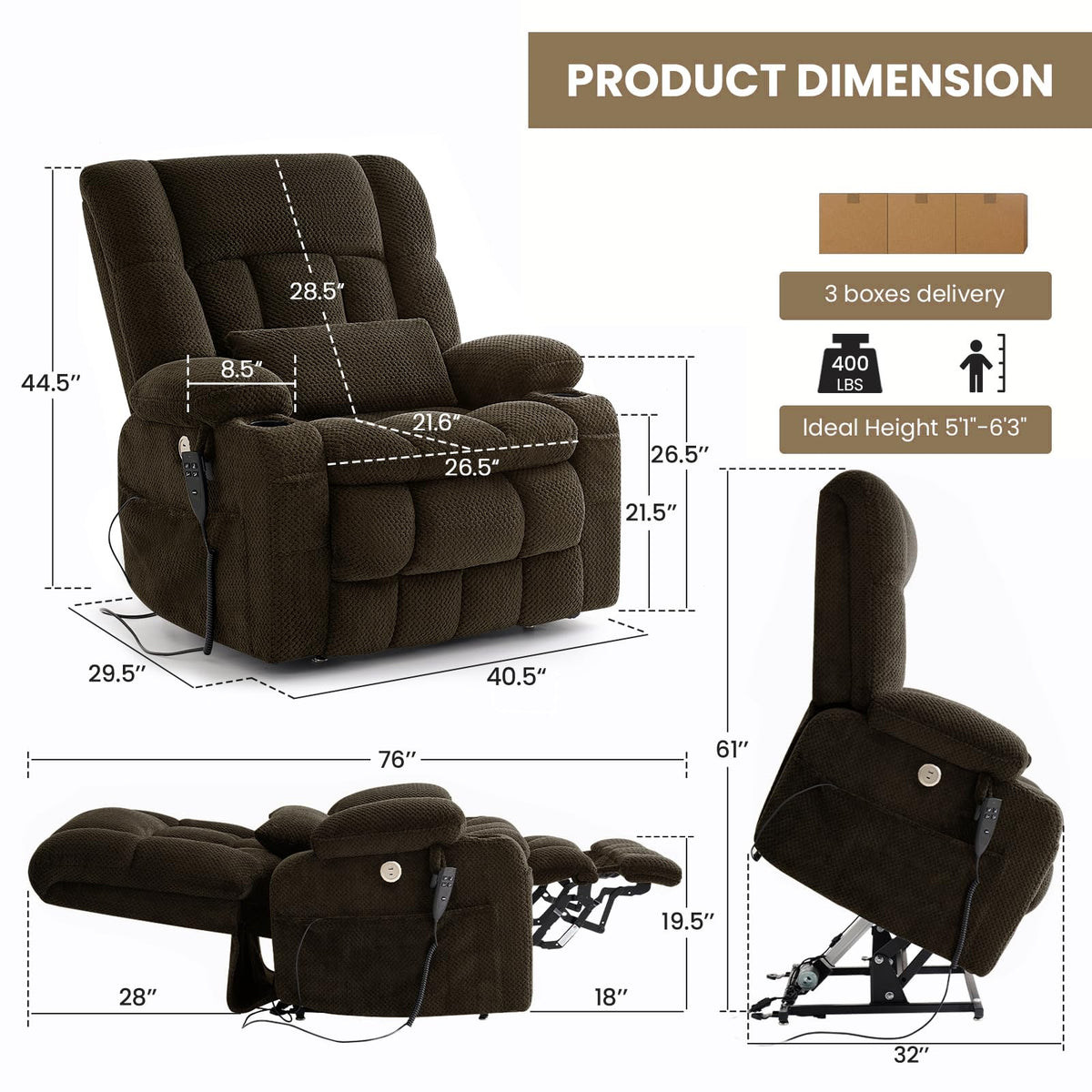 Infinite Position Power Lift Recliner Chair for Elderly & Adults, Brown