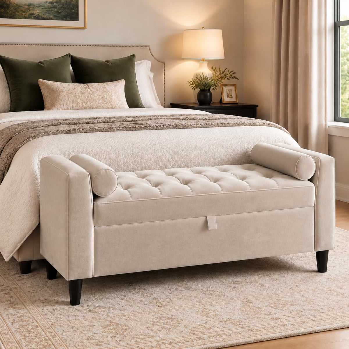 46.5 inch Beige Velvet Storage Ottoman Bench –Upholstered End-of-Bed Bench, Footrest Seat ,Multi-Functional Shoe Bench with Rolled Armrests & Wood Legs, for Entryway, Living Room, Bedroom & Hallway