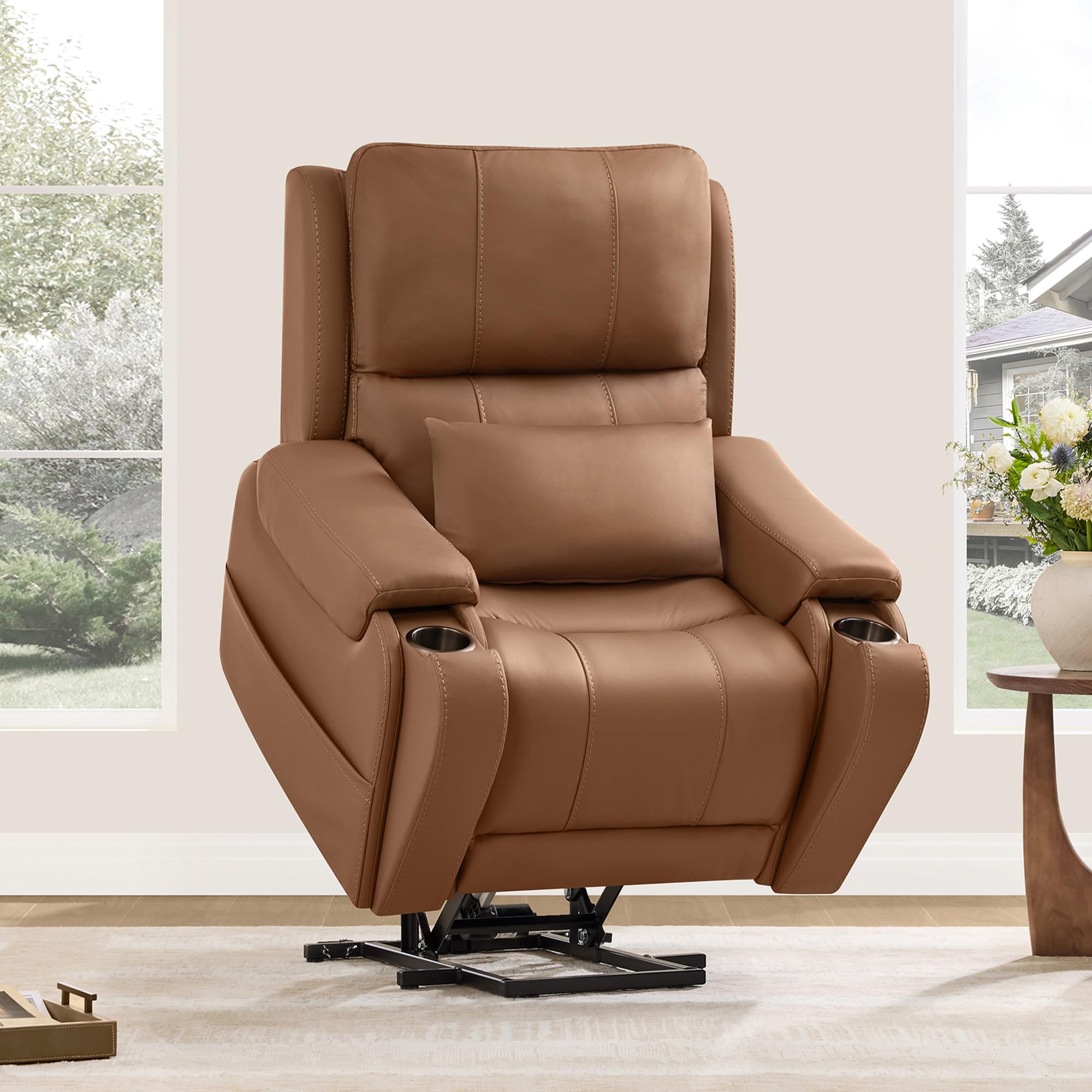 CHITA Power Lift Recliner Chair for Elderly with Heat and Massage, Genuine Leather Electric Lift Chairs with Cup Holder, Removable Lumbar Pillow, 2 Side Pockets, Leather in Saddle