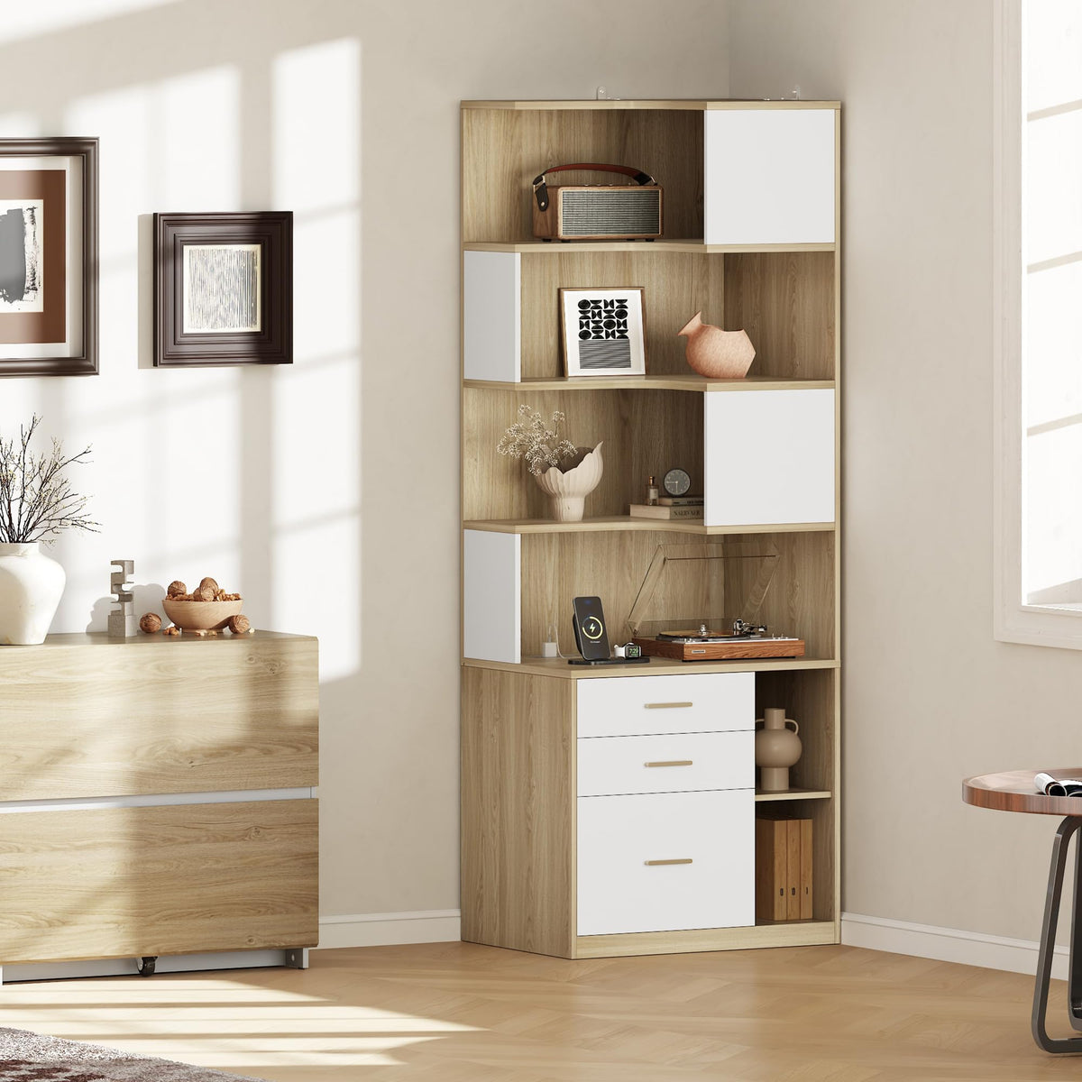 Corner Bookshelf with Drawers & Charging Ports