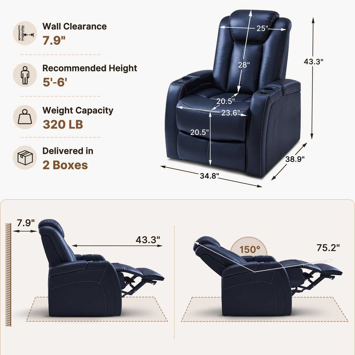 Leather Power Recliner with Headrest