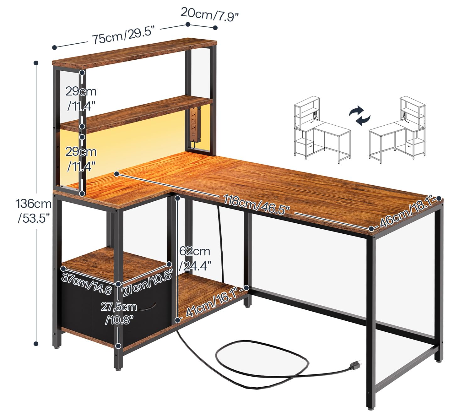 L-Shaped Desk with 4 Drawers, LED Lights & Power Outlet, 47 Inch