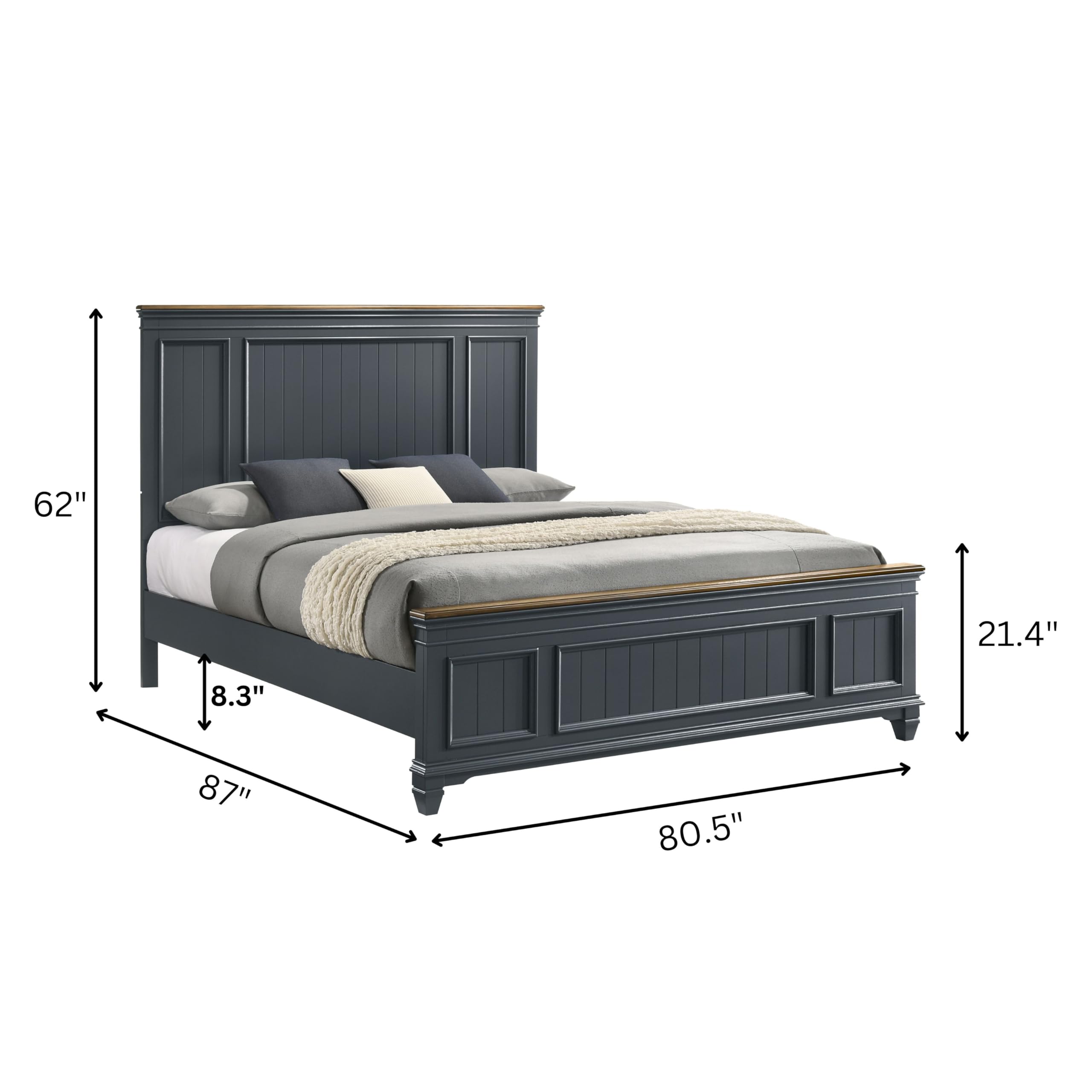 Roundhill Furniture Riverton Wood 3-Piece Bedroom Set, Shiplap Panel King Bed with 2 Nightstands in Slate Blue