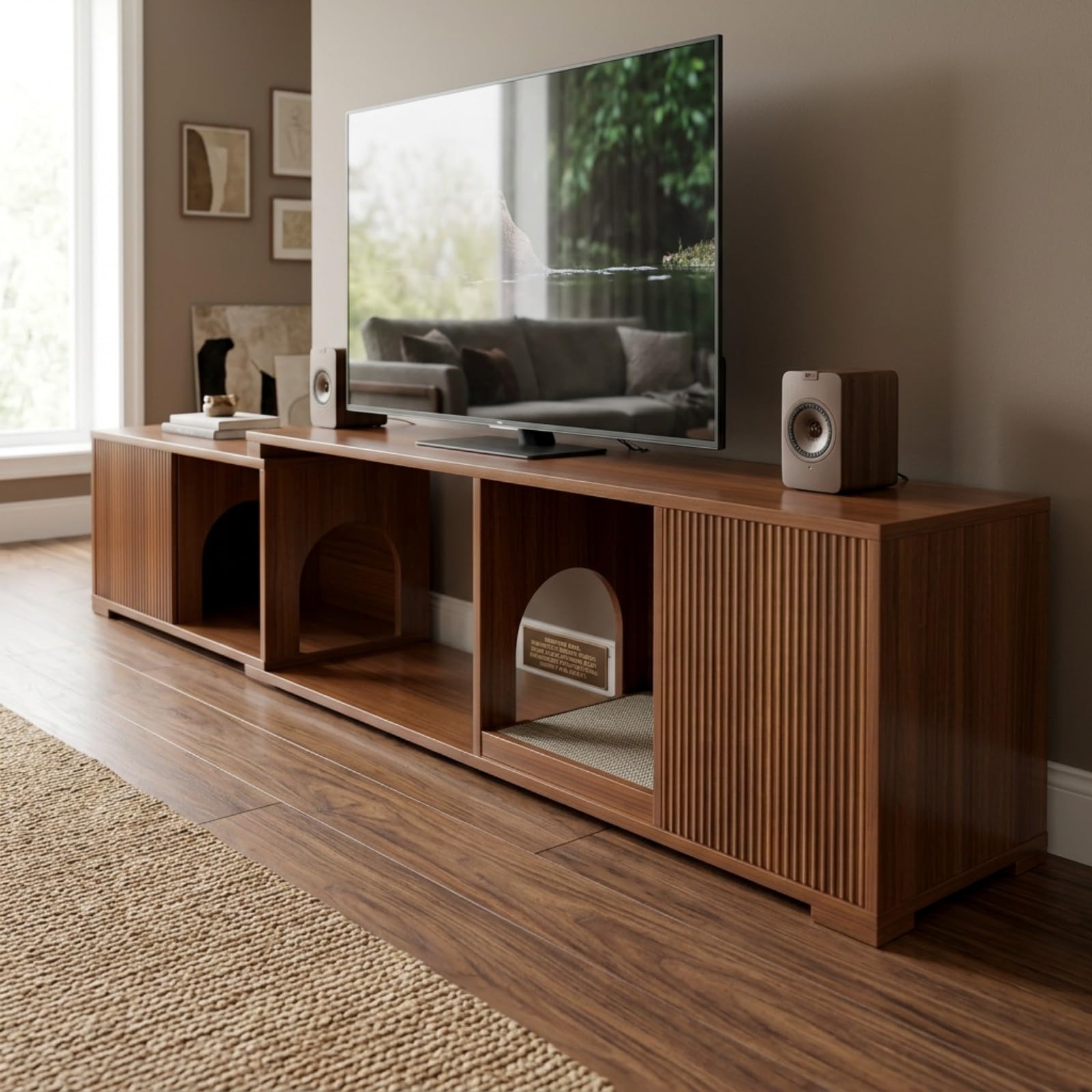 VELTENOVAIRE Extendable TV Stand with Cat House & Built-in Scratcher, Mid-Century Modern Wood Media Console for TVs up to 85+ Inches, Fluted Doors & Hidden Storage for Living Room, Walnut
