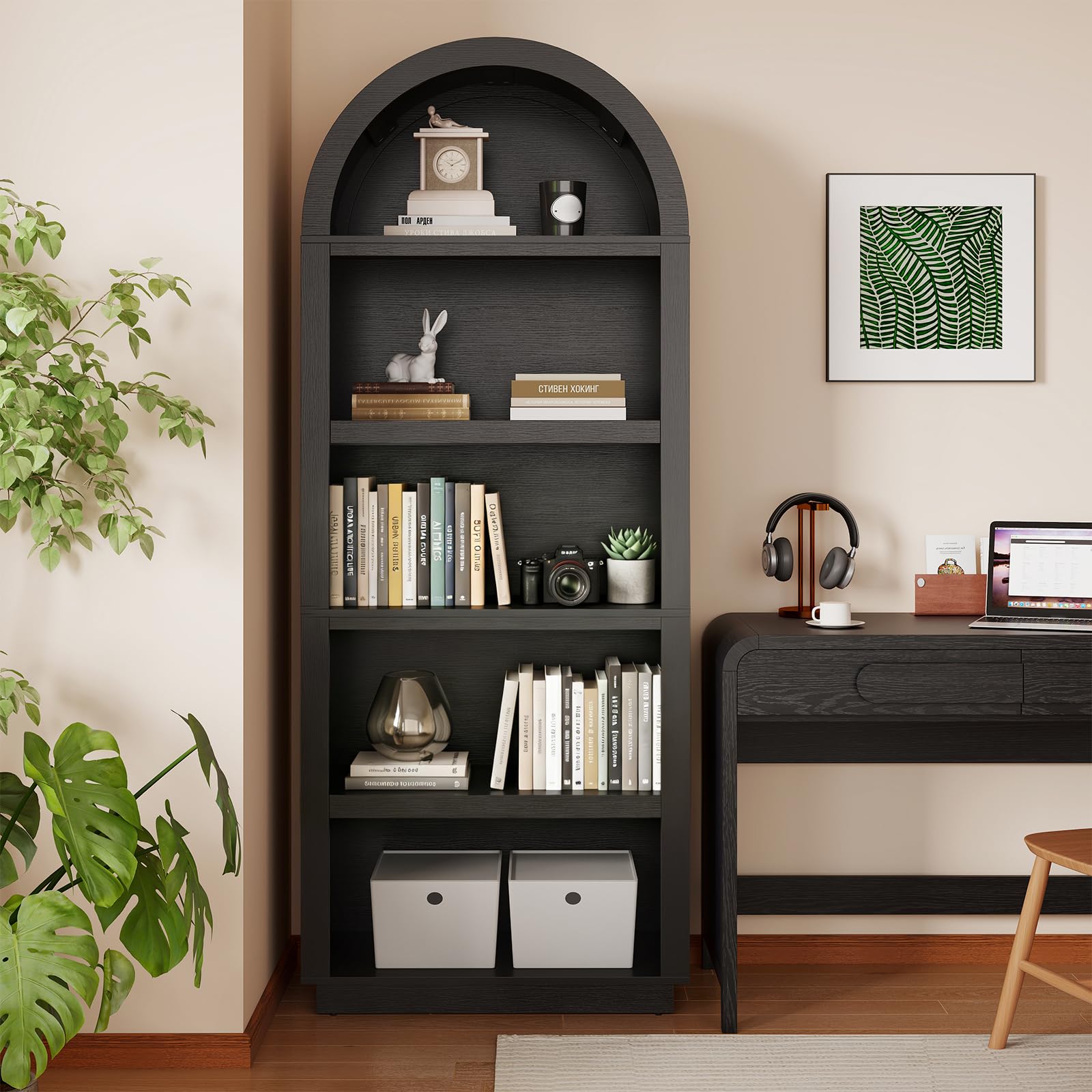 Bestier 76" Tall Arched Bookshelf, 5 Tier Arched Bookcase with Adjustable Book Shelves, Large Arch Wood Bookshelf, Modern Farmhouse Open Display Tall Bookcase for Bedroom, Home Office, Bedroom, Black