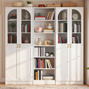 Cyclysio 80" Tall Bookcase System with 4 Tempered Glass Doors, Arched Corner Bookshelf with 6-Tier Open Shelves, Wooden Pantry Storage Organizer with Baseboard Cutout for Living Room
