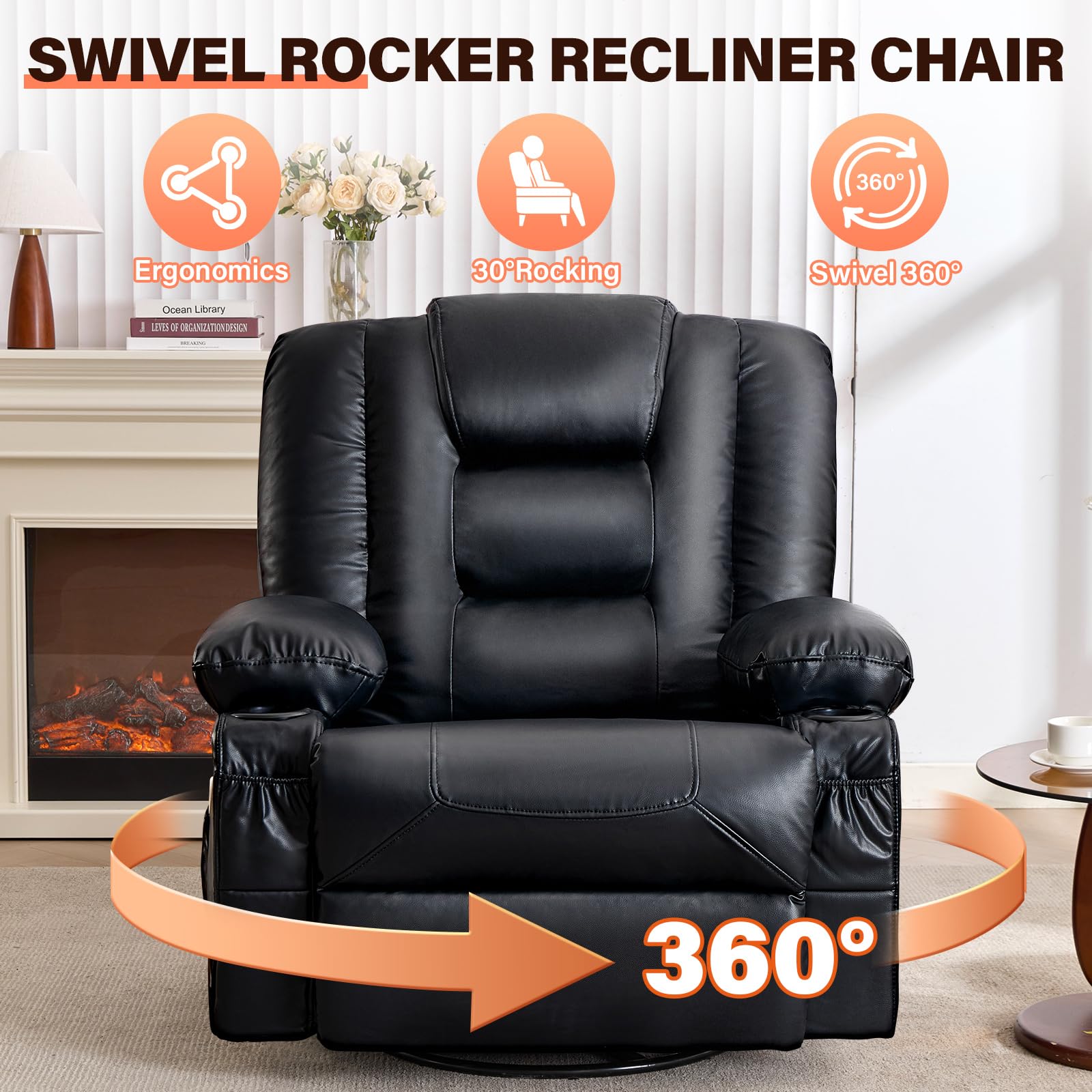 MAHOMICO Swivel Rocker Recliner Chair with Vibration Massage and Heat for Living Room,with Rocking Function and Side Pocket, PU Leather USB Charge Port,2 Cup Holders