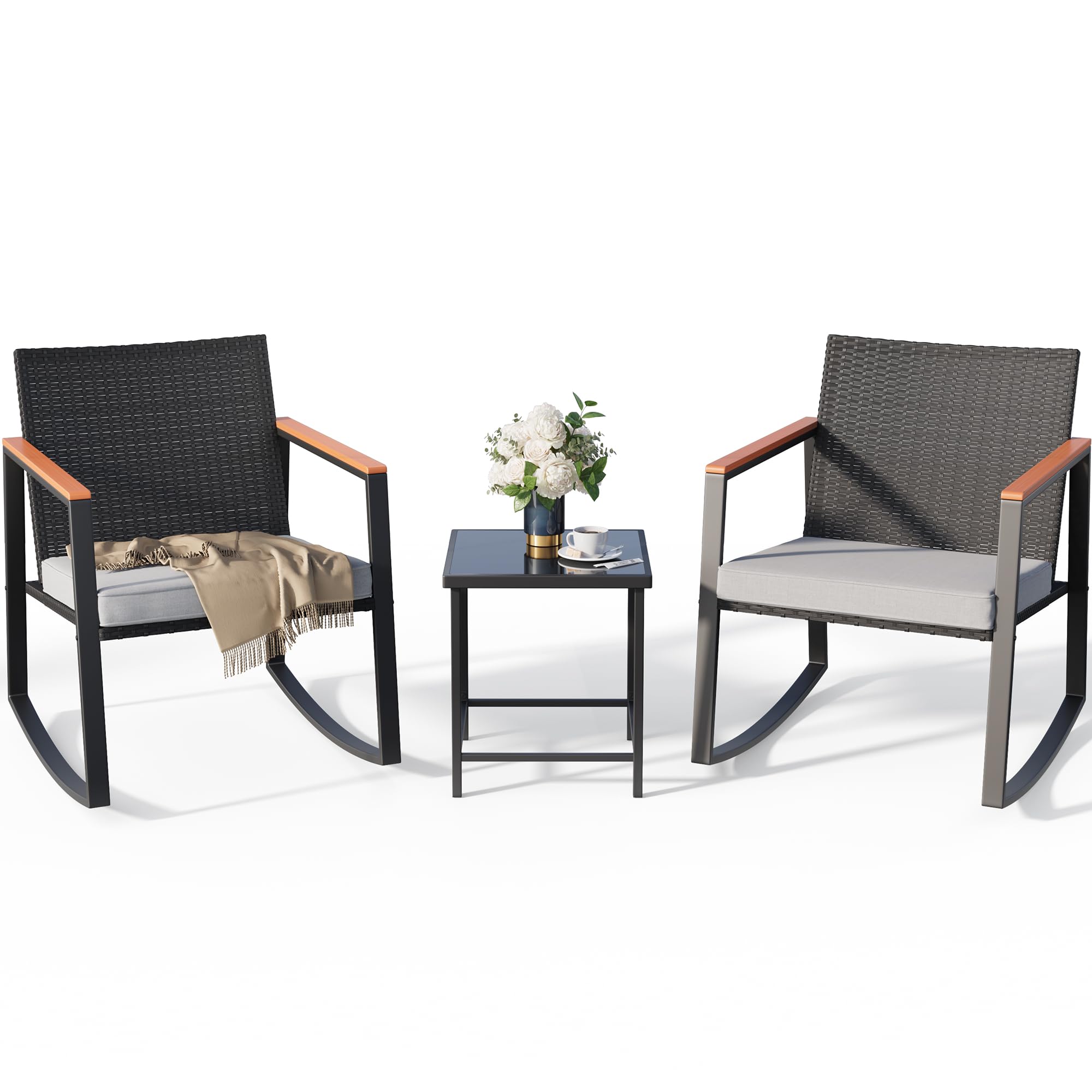 Gizoon 3 Pieces Rocking Patio Bistro Set with Anti-Scald Armrest, Outdoor Patio Wicker Furniture Set with Glass Table and Cushion for Garden, Yard, Porch