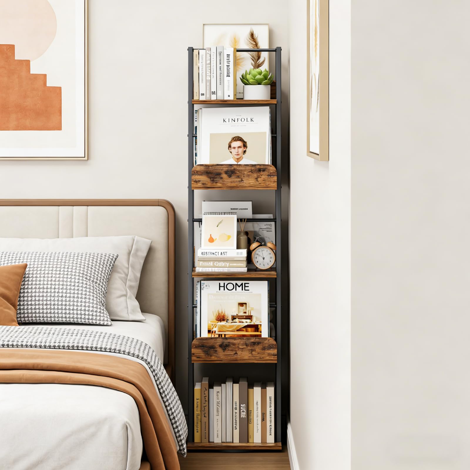 Bikoney Rotating Bookshelf, 360 Display Spinning Bookshelf Tower, 5-Tier Narrow Bookcase, Tall Industrial Book Shelf Organizer, Small Corner Book Shelves for Living Room, Black