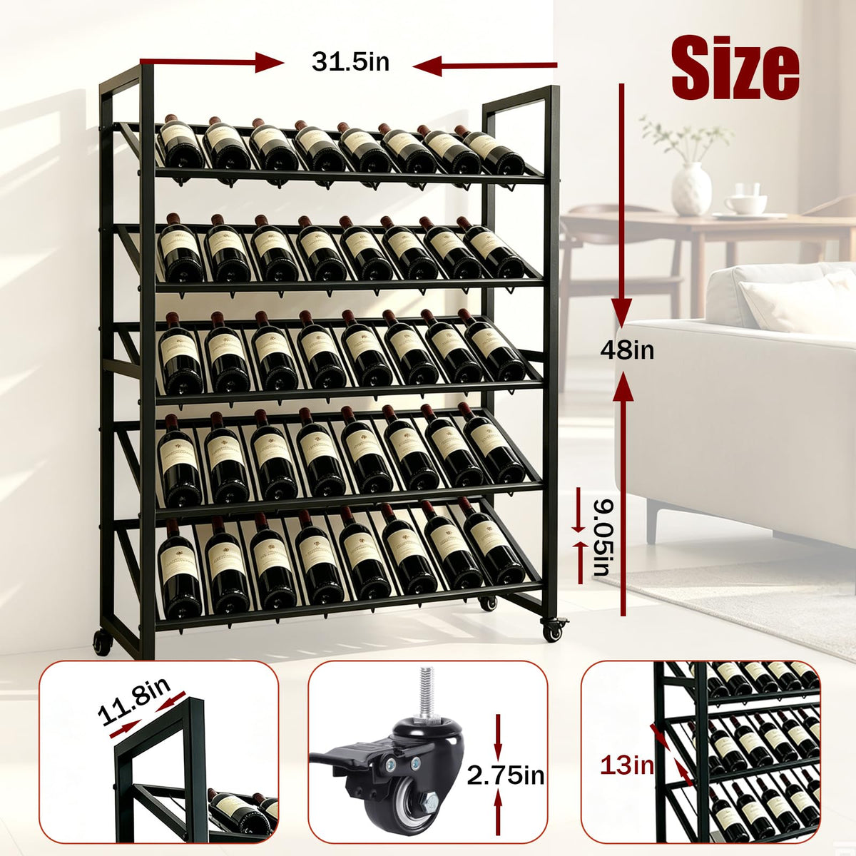 Black 5-Tier Rolling Wine Rack