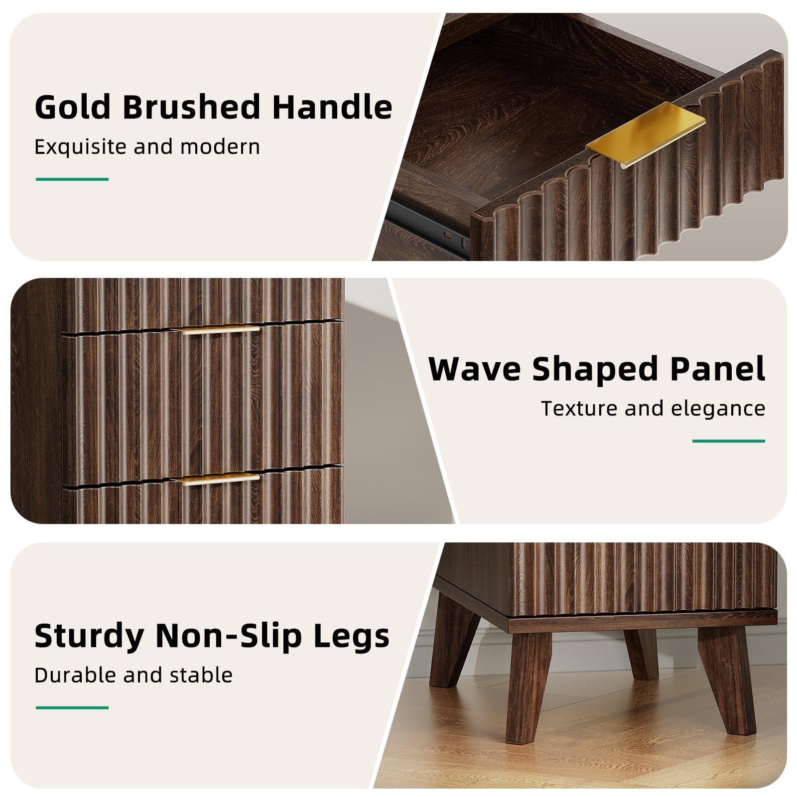Nightstand with Hidden Charging Outlets & 3 Drawers