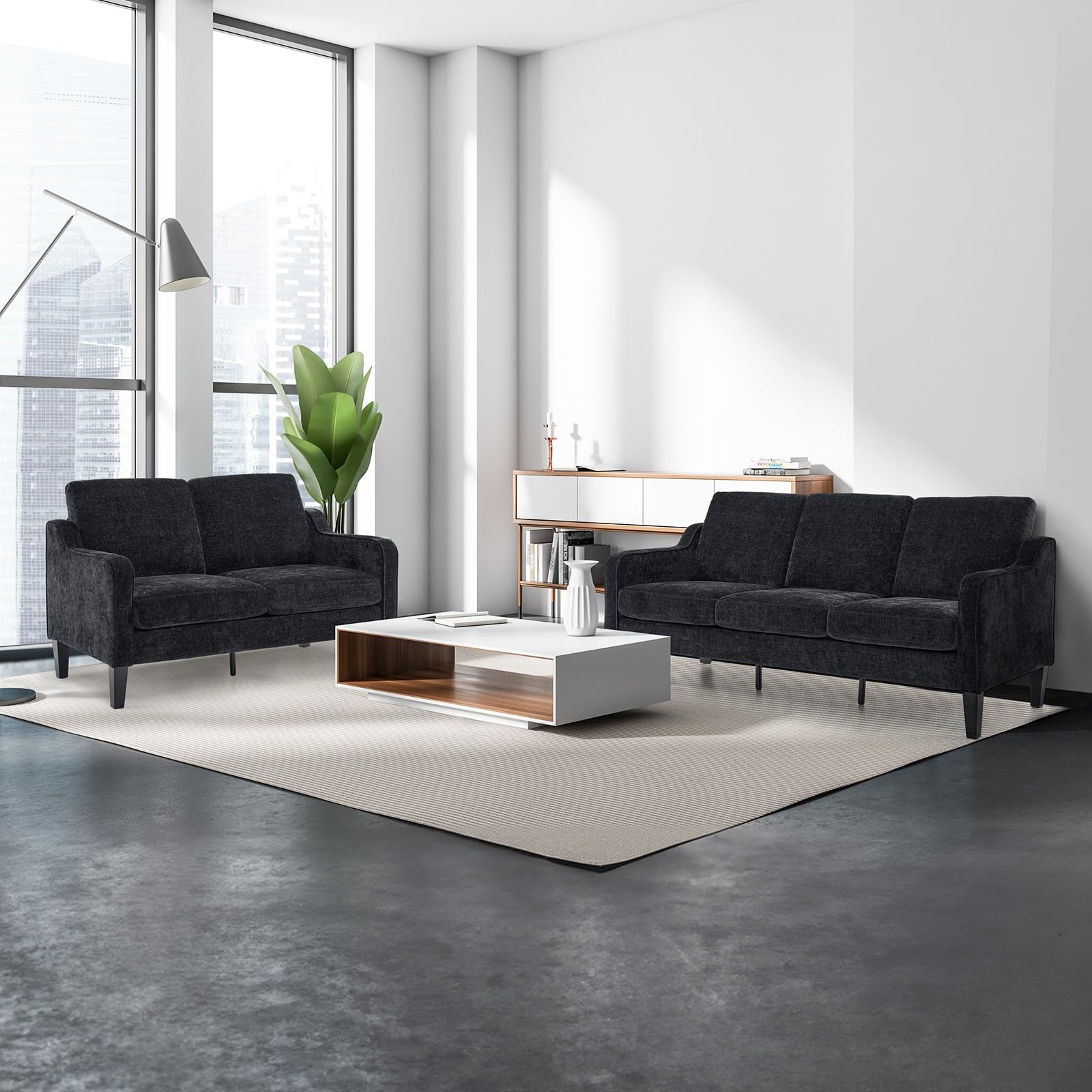 VINGLI Loveseat Sofa Set for Living Room, Mid-Century Modern Couch and Love Seat Set,53" Loveseat+71" Small Couch for Bedroom Sofa Furniture for Small Spaces Apartment (Black)