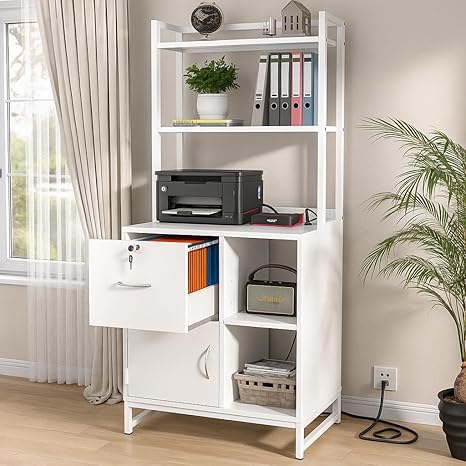 Vertical Filing Cabinet with Bookshelf & Charging Station