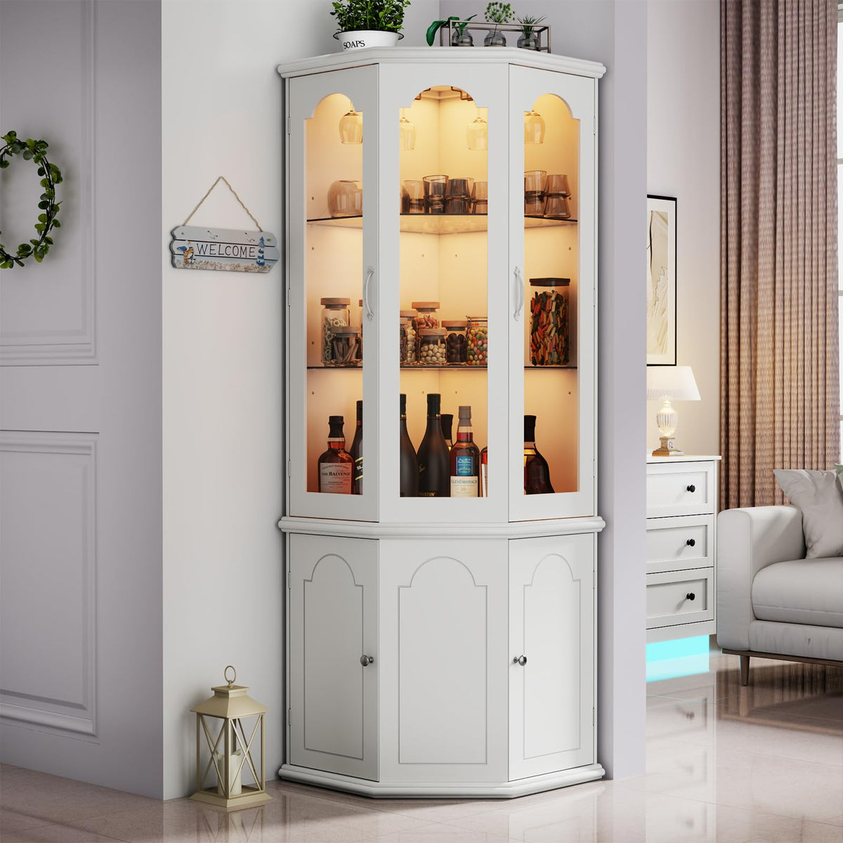LED Corner Bar Cabinet with Adjustable Shelves