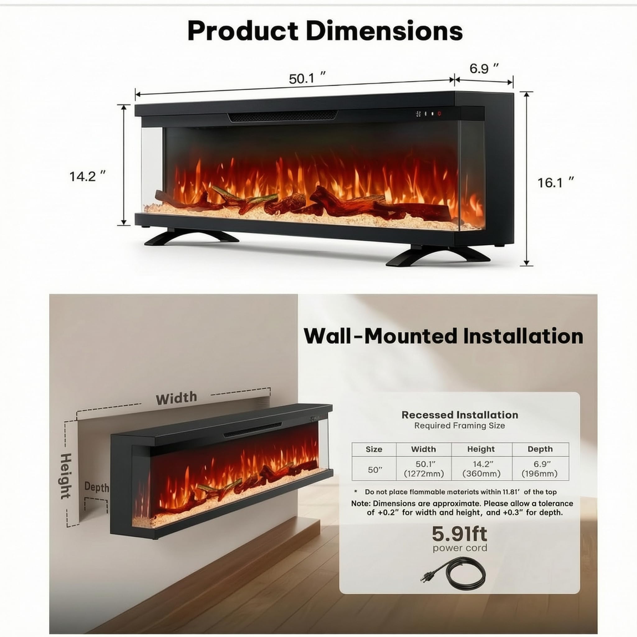 50" 3-Sided Electric Fireplace Insert with Alexa & App Control