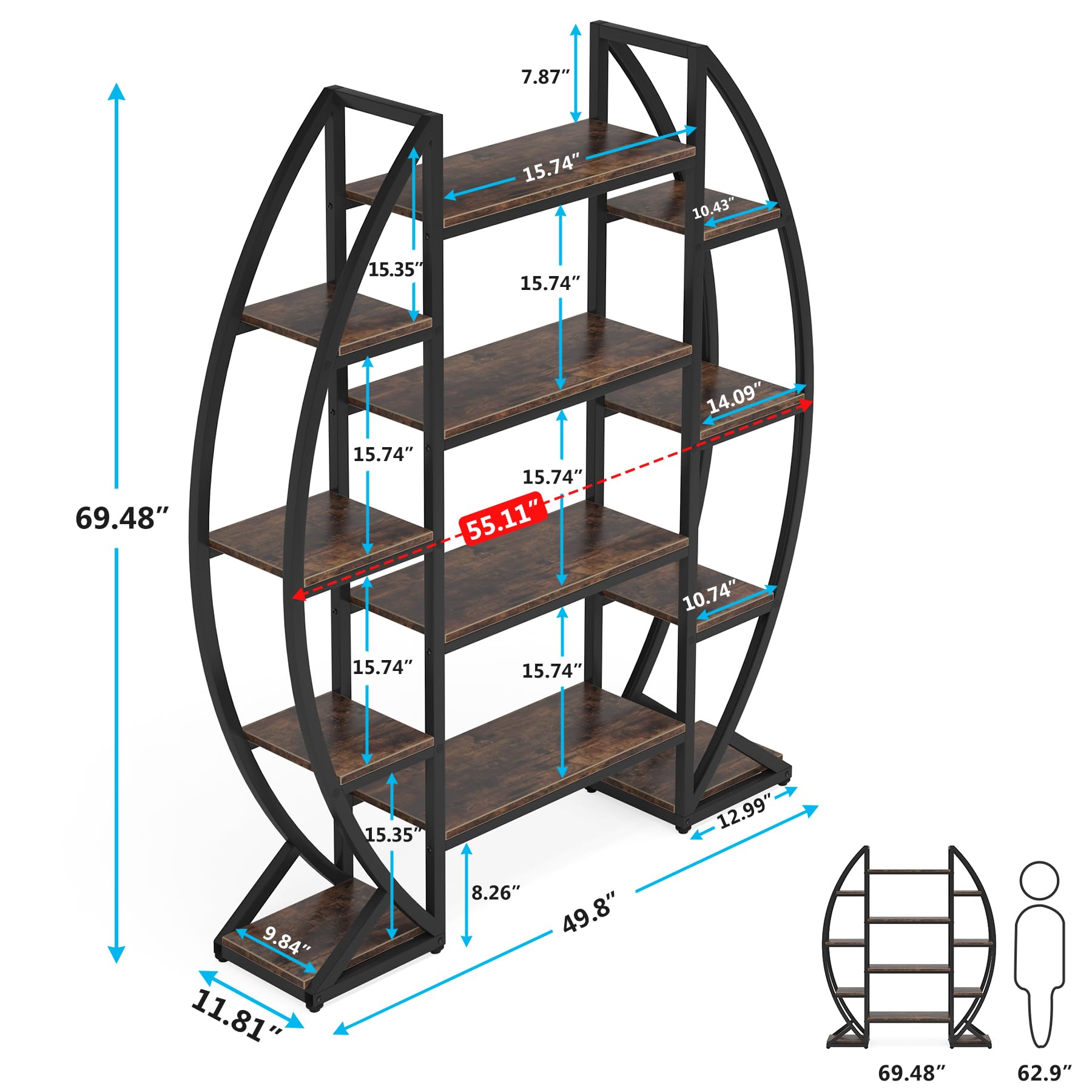 Triple Wide Oval Etagere Bookcase – 5-Tier, 12 Shelves, Industrial Metal Frame