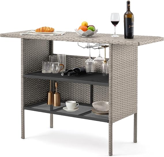 Outdoor Wicker Bar Table with Steel Shelves & Wine Glass Rack