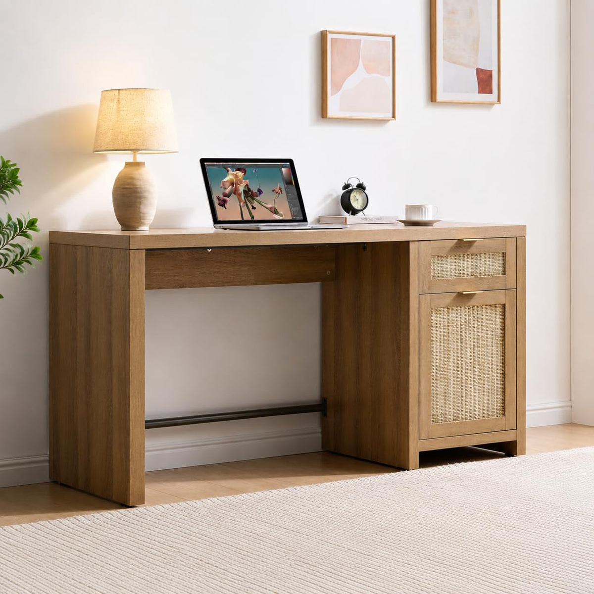 SICOTAS Rattan Computer Desk Wood Desk with Drawer, 59" Home Office Desk