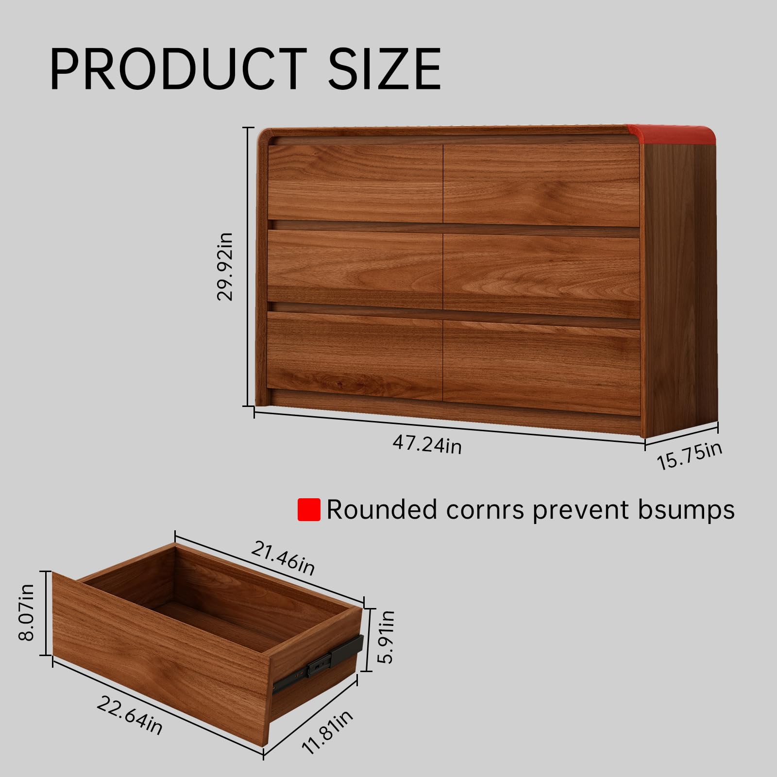 Lazeamo Modern 6 Drawer Dresser Storage Cabinet for Bedroom, Living Room, 47-Inch Wood Chest of Drawers, Curved Anti-Collision Design, Natural Texture.(Walnut)