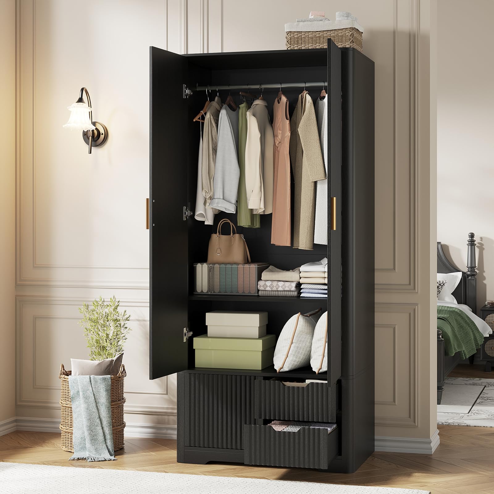 Vabches 71” Tall Armoire Wardrobe Closet with 2 Drawers and Shelves, Large Wooden Wardrobe Cabinet with Hanging Rod, Sliding Cabinet, Modern Fluted Clothing Storage Cabinet for Bedroom, Black